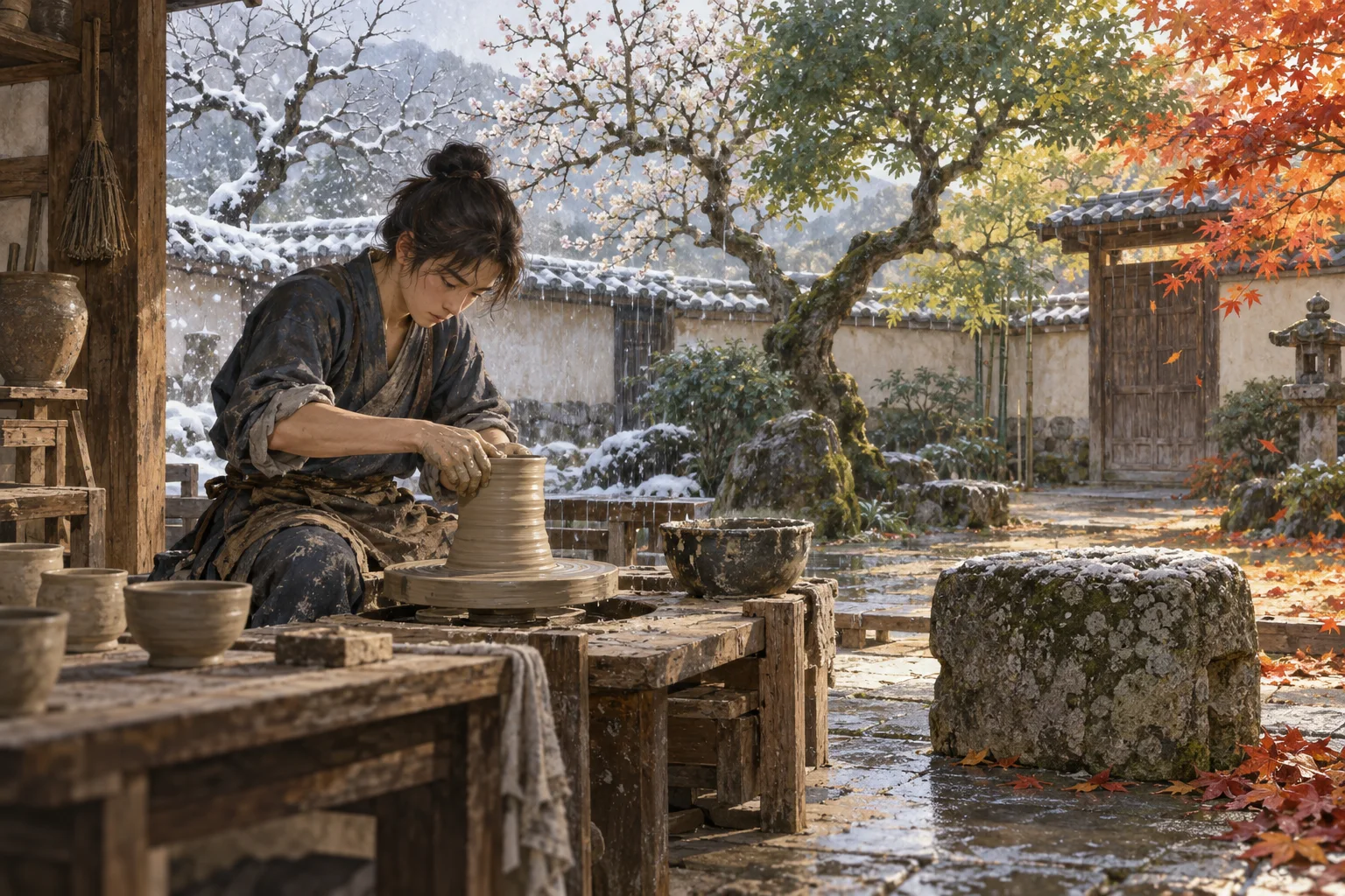 寒暑を越えて陶芸の修業を続ける弟子