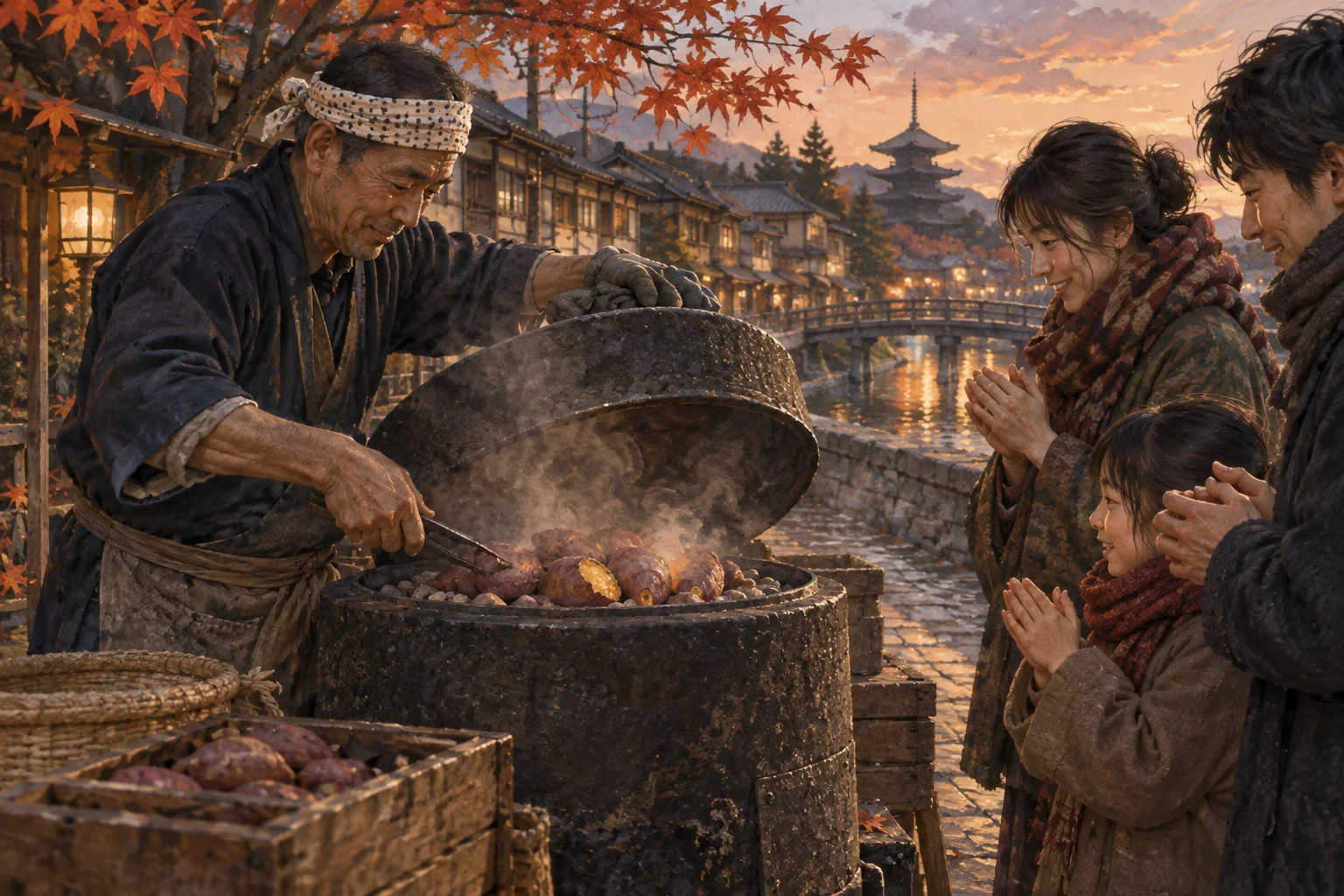 秋の夕暮れに石焼き芋を売る屋台