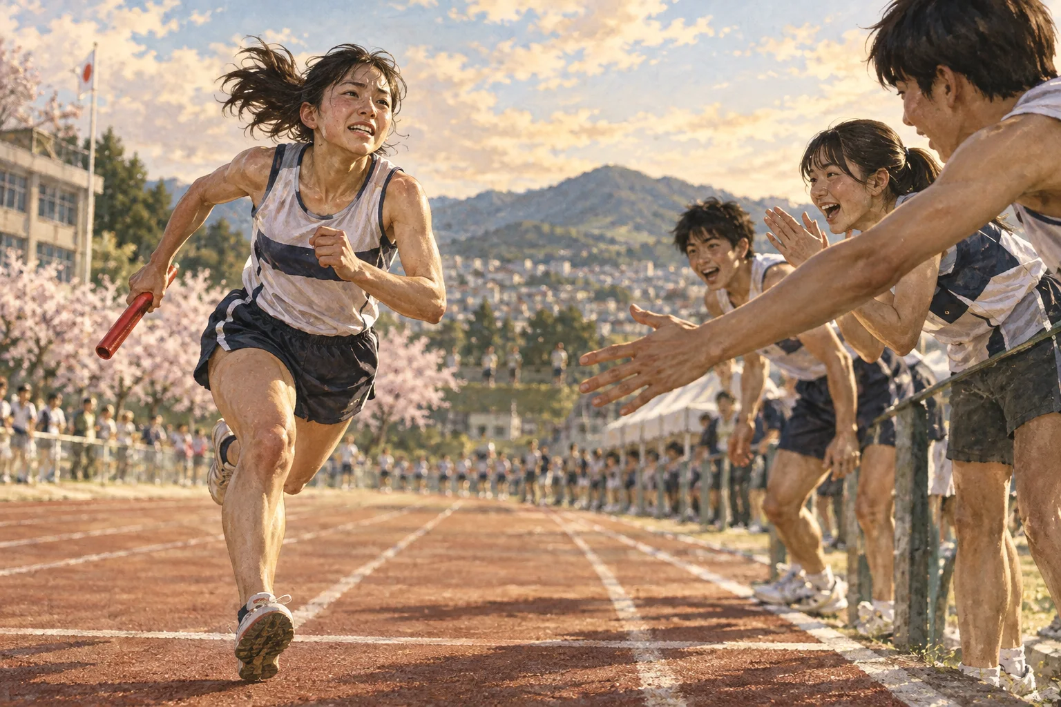 リレーの最終区間を一生懸命に走る高校生