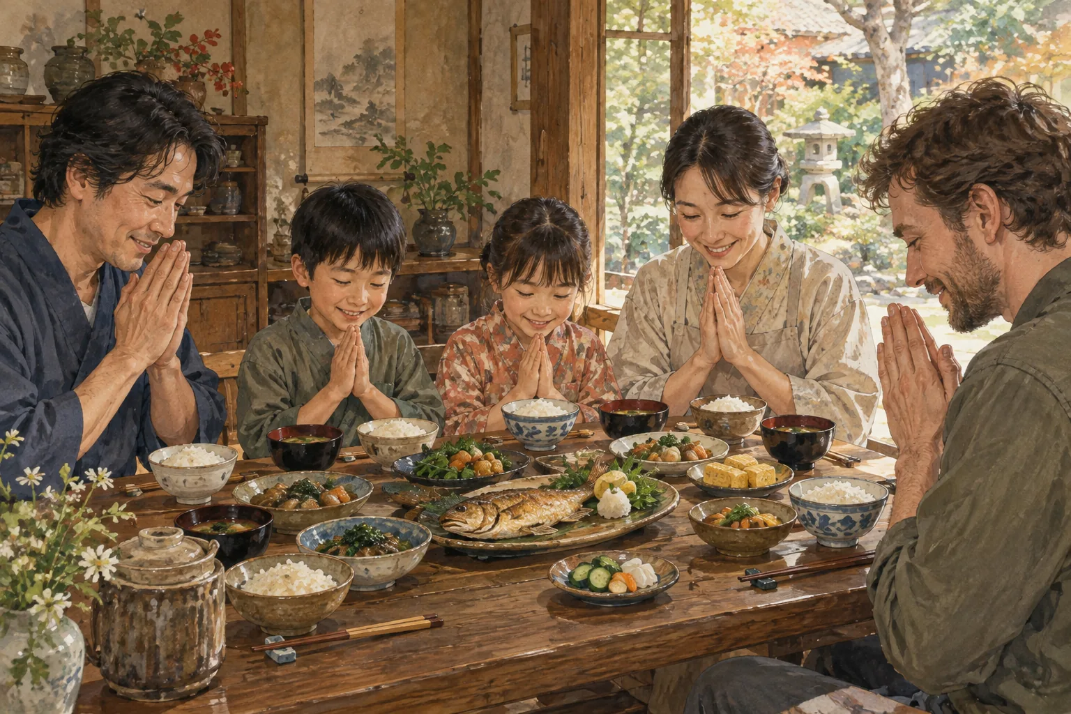 食事の前に手を合わせていただきますを言う家族