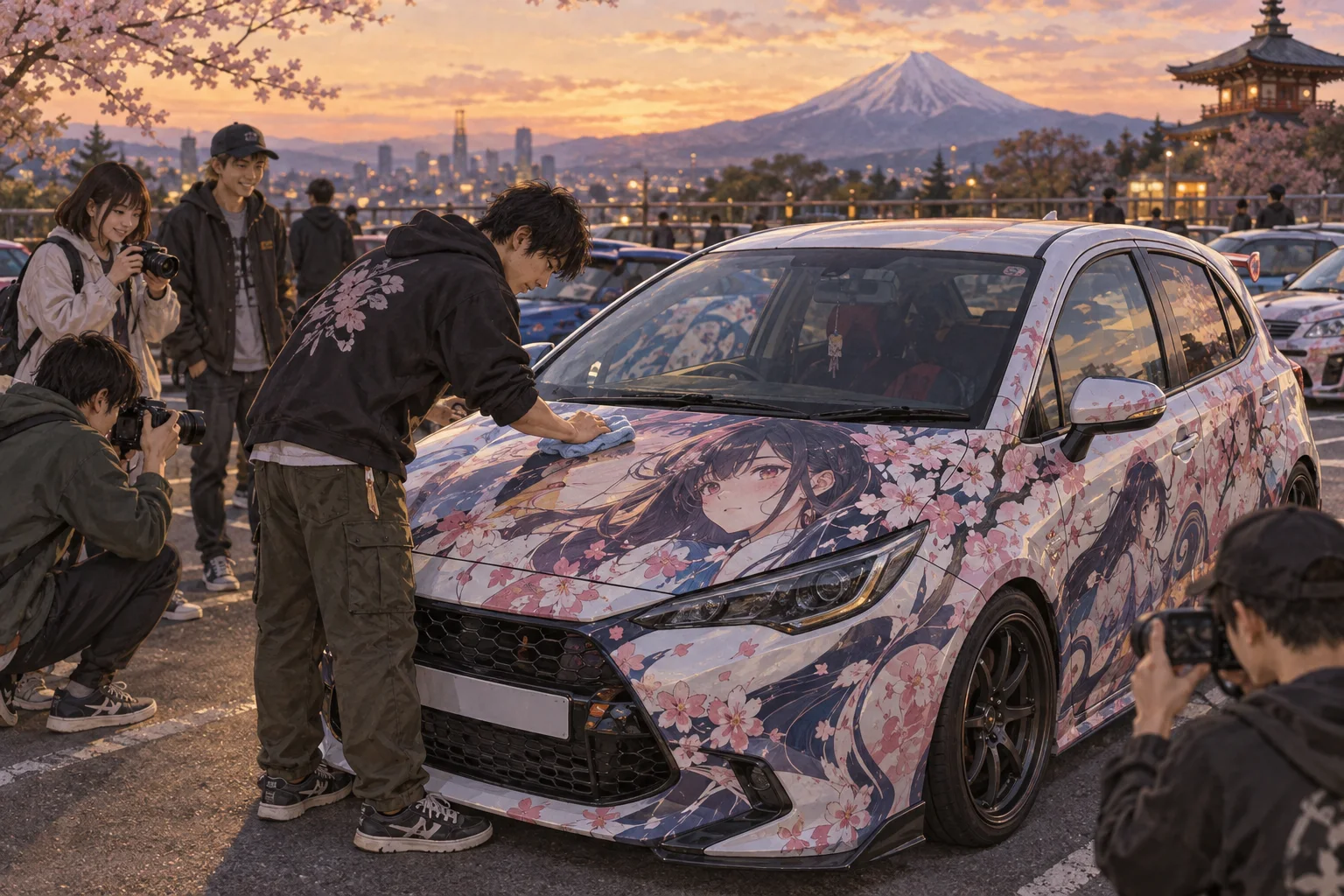 架空のキャラクターで装飾した痛車を手入れする愛好家