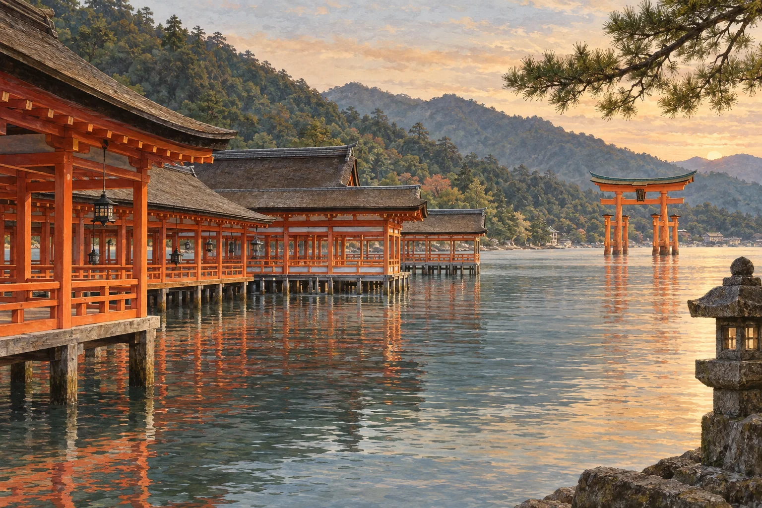 満潮の海に浮かぶ厳島神社と大鳥居
