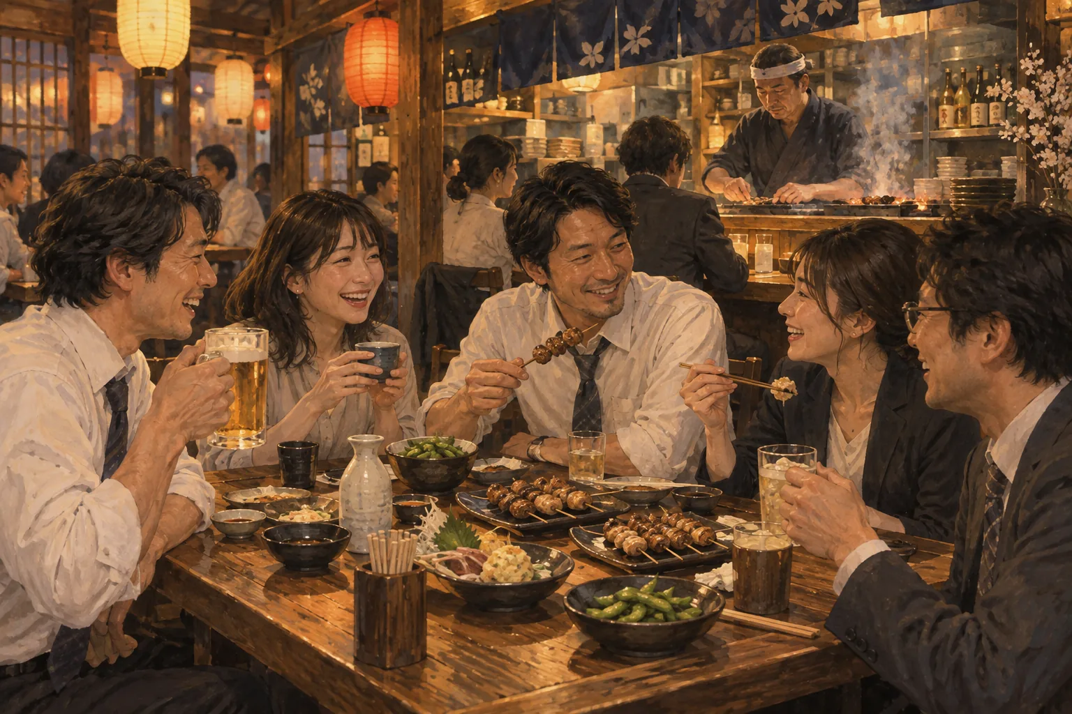 居酒屋で小皿料理と酒を囲む仕事仲間