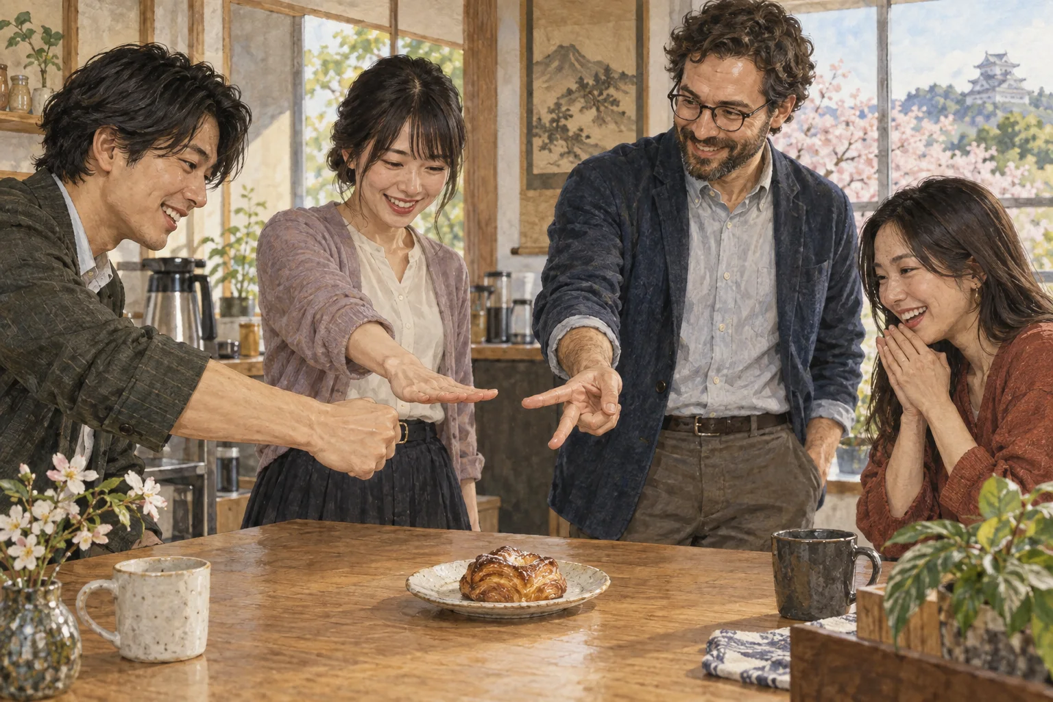 最後の菓子をじゃんけんで決める大人たち