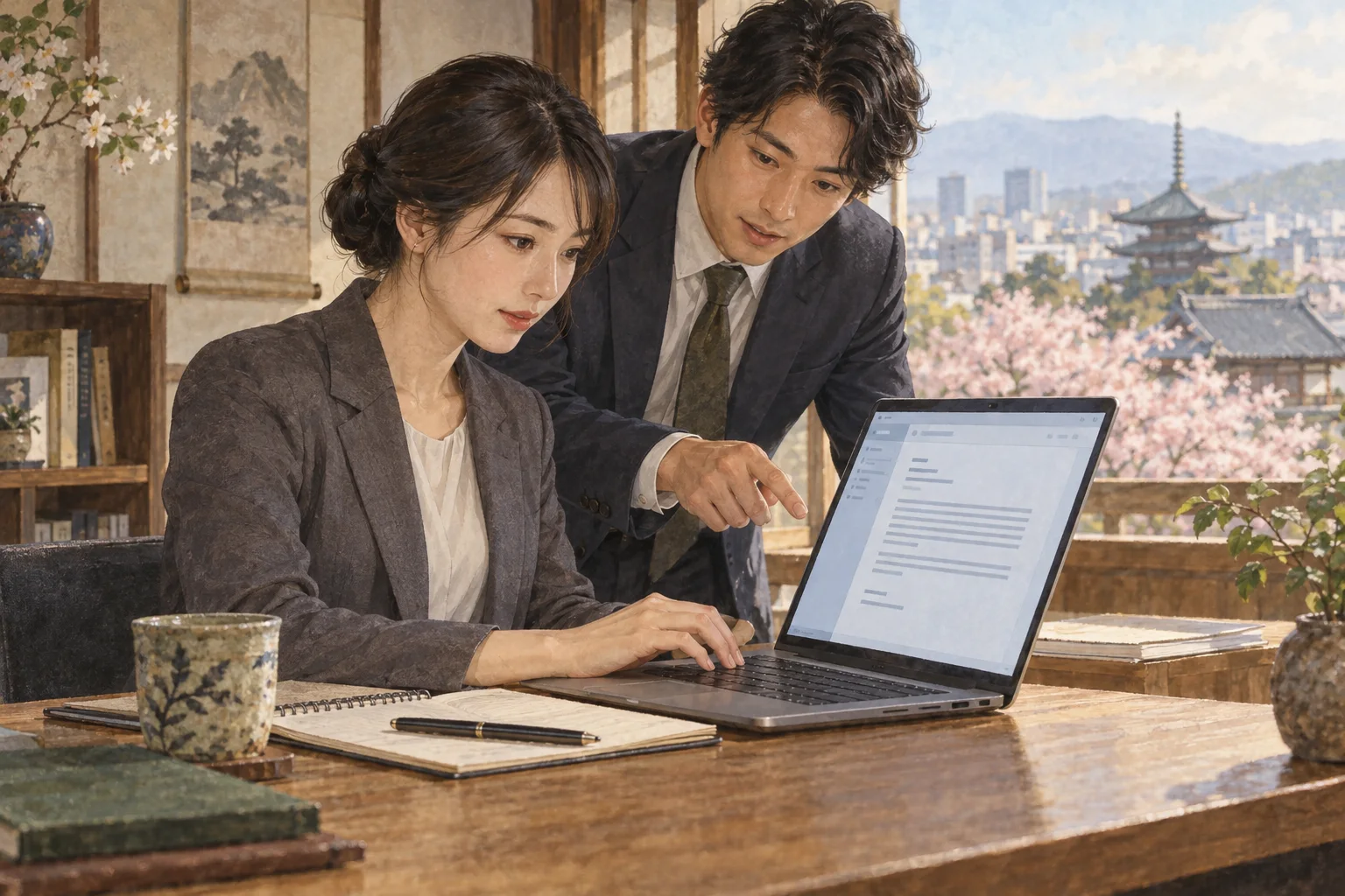 定型的な構成を確認しながらビジネスメールを書く会社員