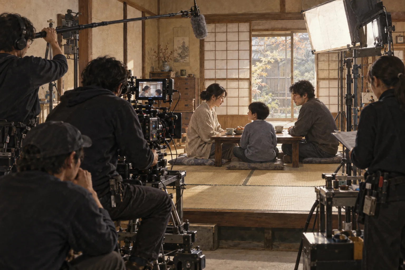 畳の部屋で家族の場面を撮る日本映画の現場