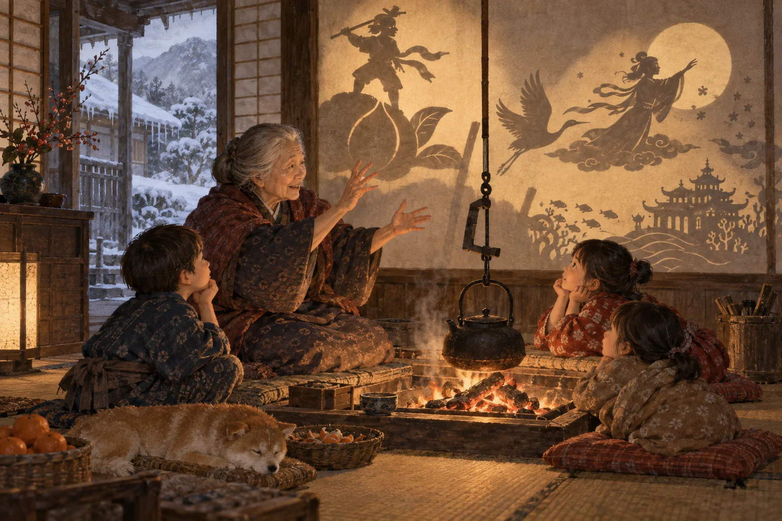 囲炉裏端で日本の昔話を子どもに語る祖母