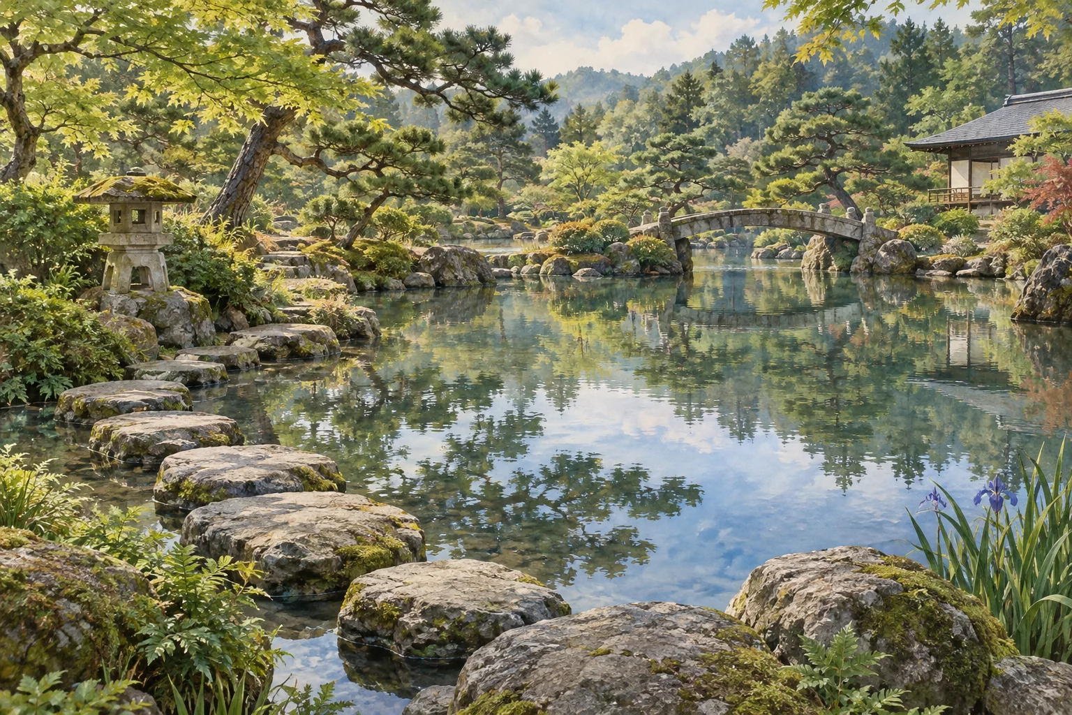 池と石橋、松や緑の木々が調和する日本庭園
