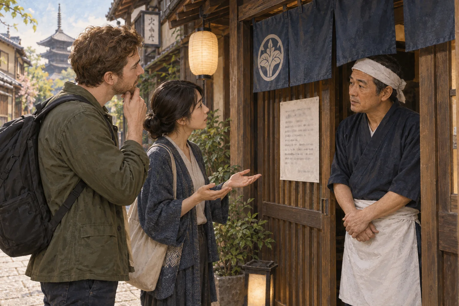 入店をめぐり店主と静かに話す旅行者