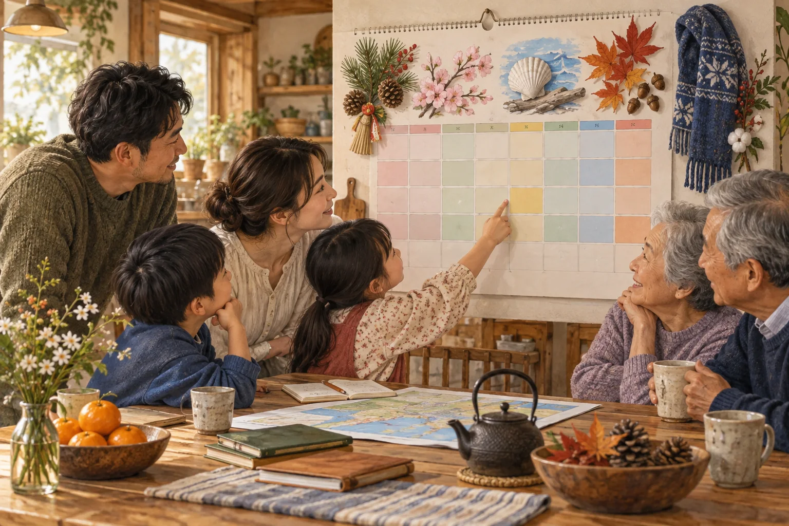 季節の祝日を見ながら休みの予定を立てる家族