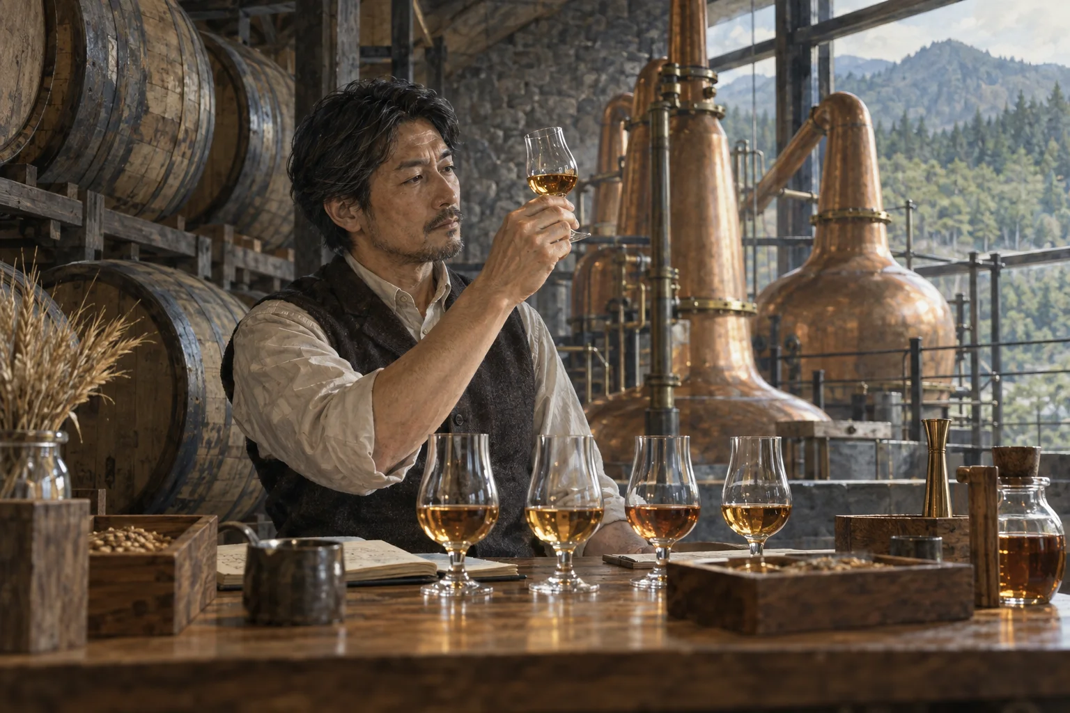 山の蒸留所で原酒を吟味するウイスキー職人