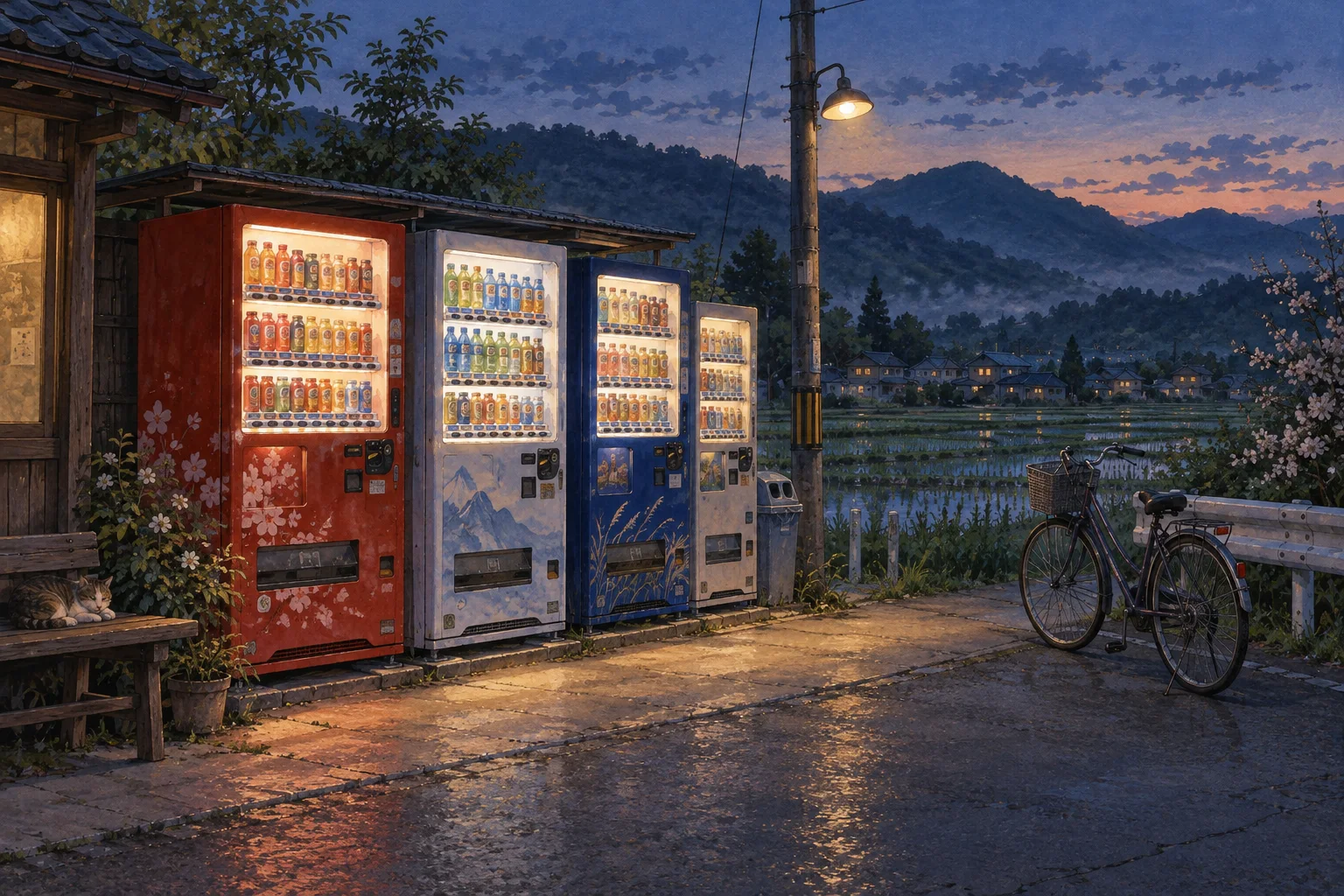 夕暮れの田園に光る飲料自動販売機