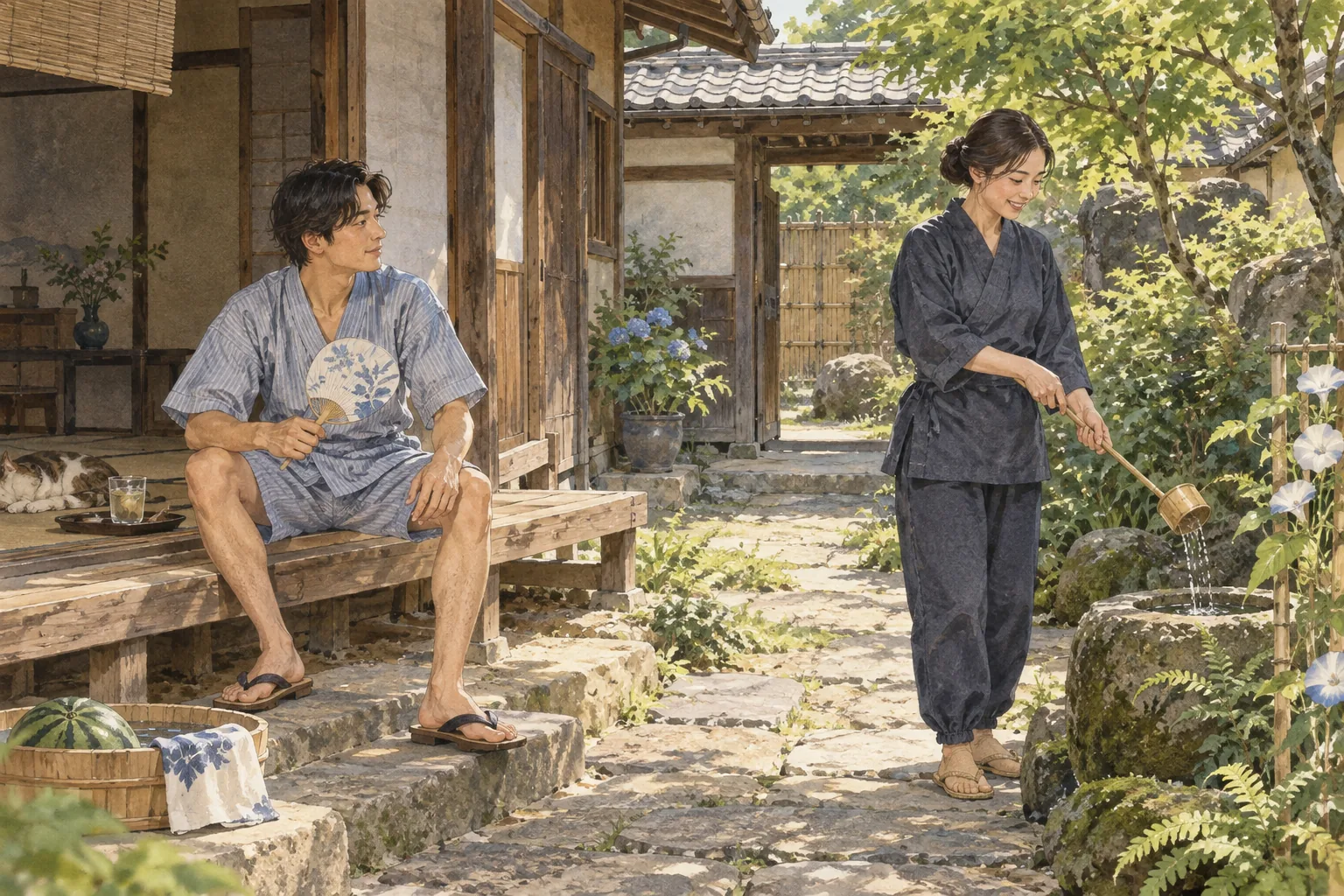 夏の庭で甚平と作務衣を着た大人