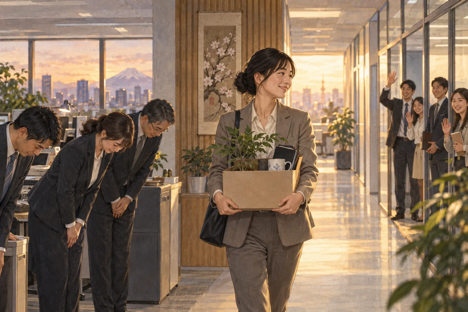 年度末に別部署へ机の荷物を運ぶ人事異動の社員