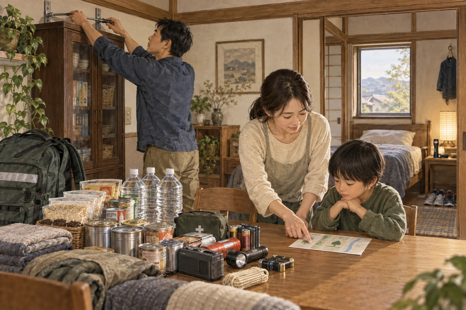 家具固定や備蓄で地震に備える家族