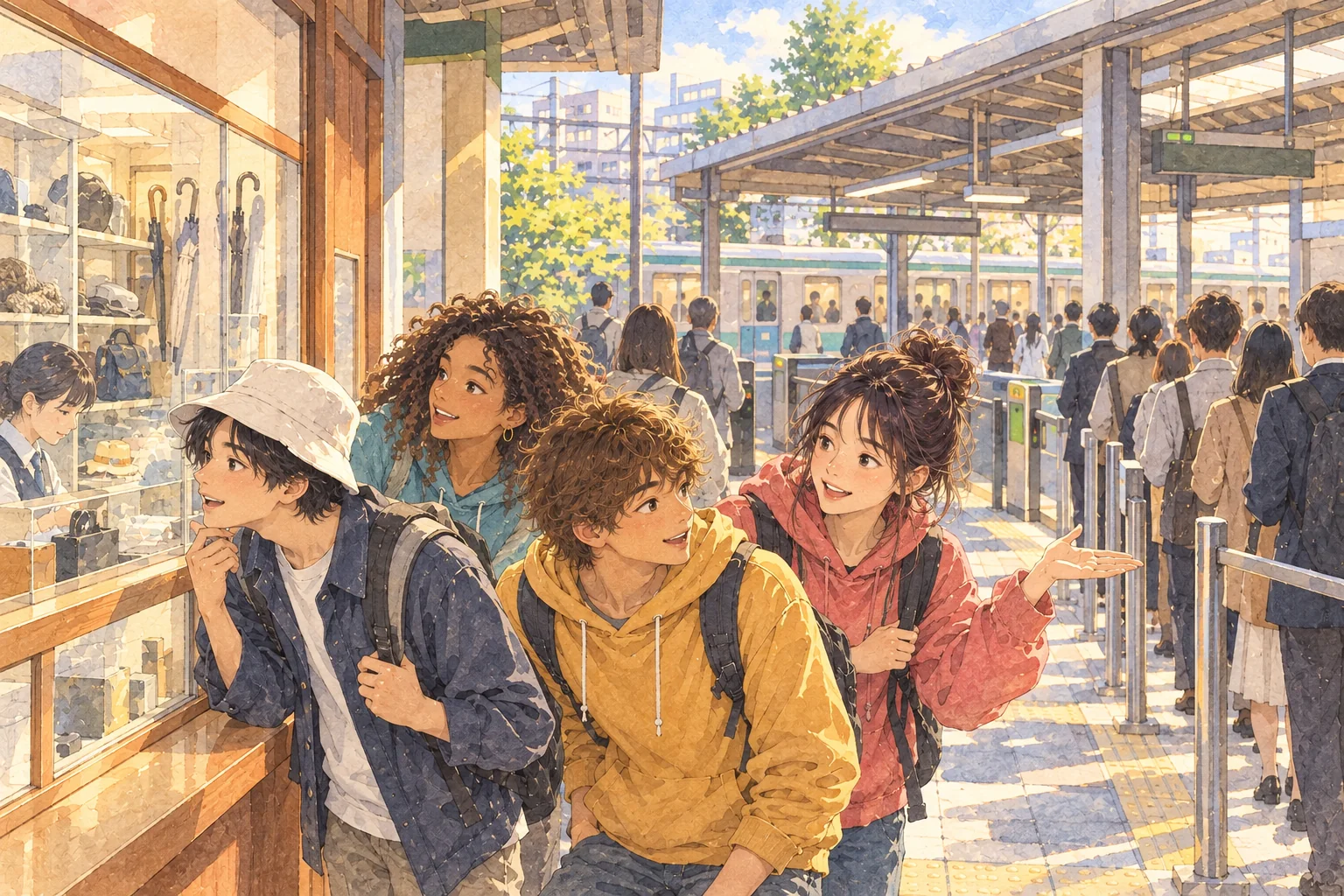 日本の駅で、整列や落とし物の窓口に気づき、友人と話す若い旅行者たちの水彩画