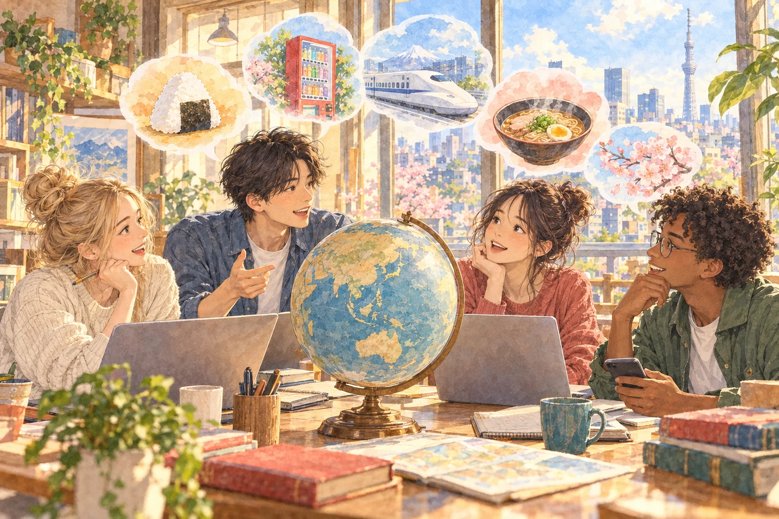 地球儀を囲み、おにぎりや新幹線など日本の話題を語り合う若者たちを描いた水彩調のイラスト