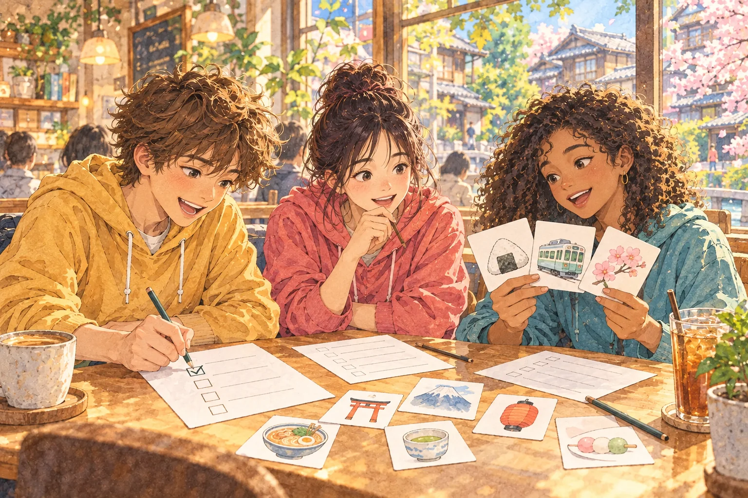 日本にまつわる絵カードを見ながら、友人と楽しく診断に答える若者たちの水彩画