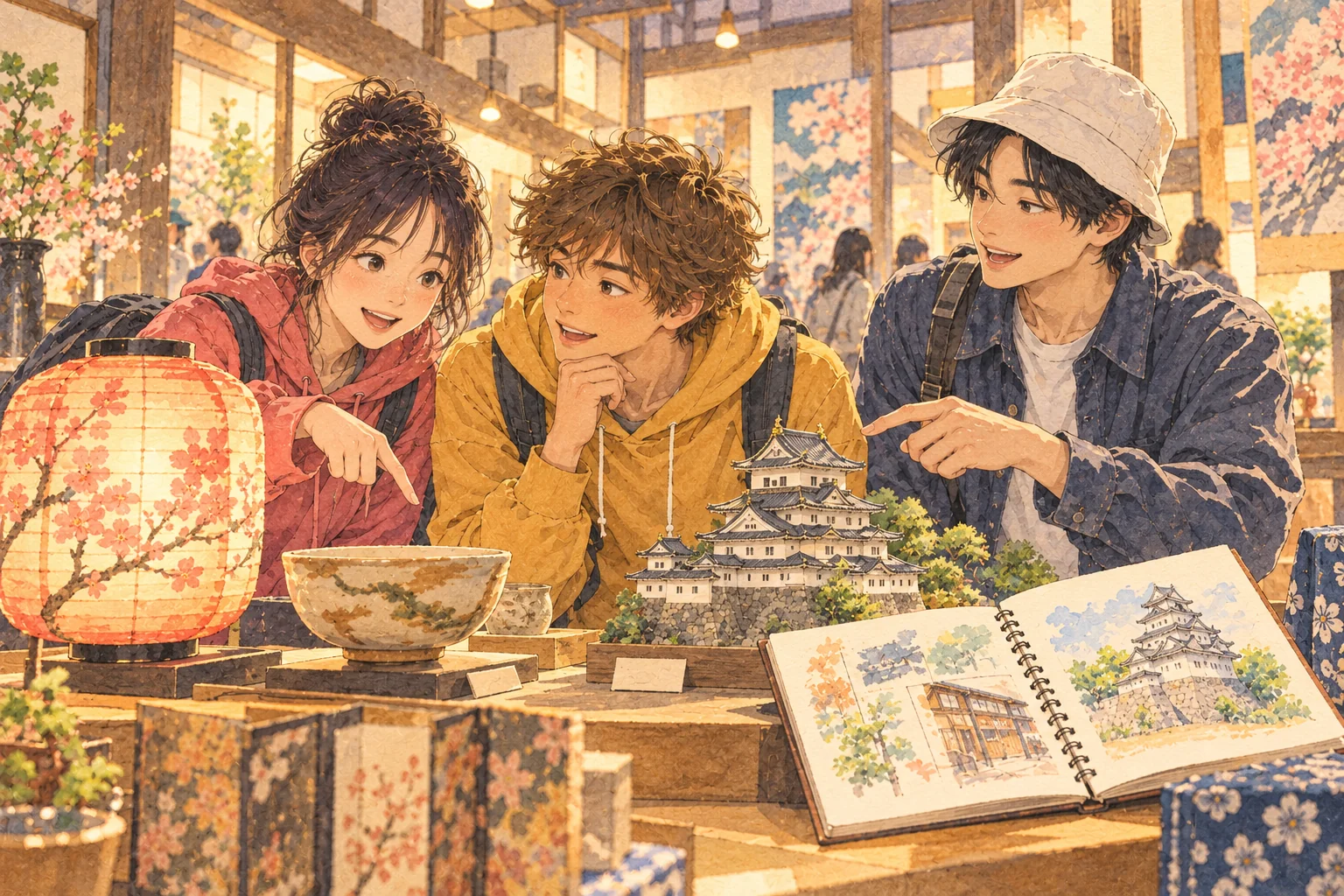 日本の祭りや工芸、お城の展示を見ながら文化について語り合う若者たちの水彩画