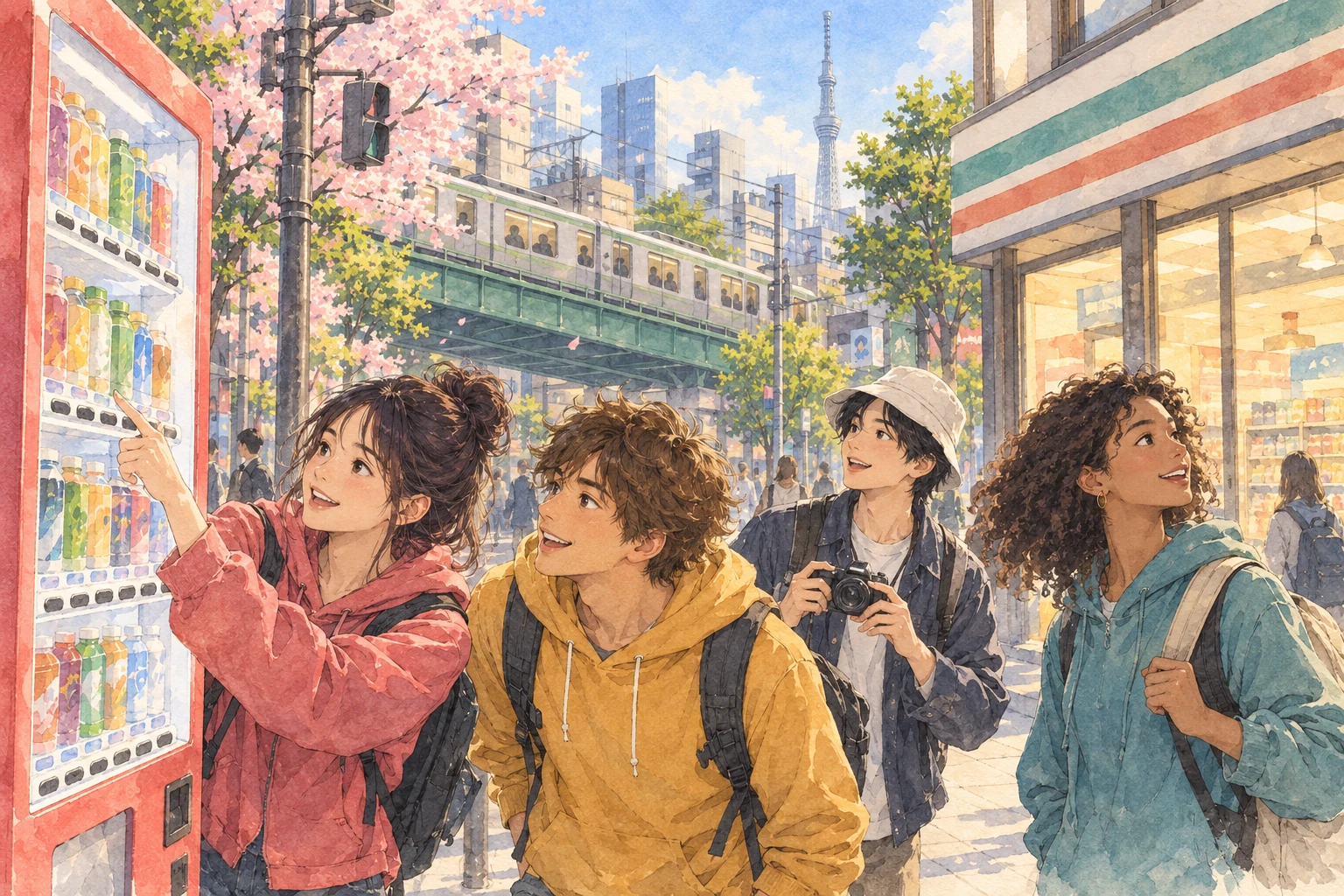 桜の咲く東京の街角で、自販機やコンビニを見て楽しむ若い旅行者たちを描いた水彩調のイラスト