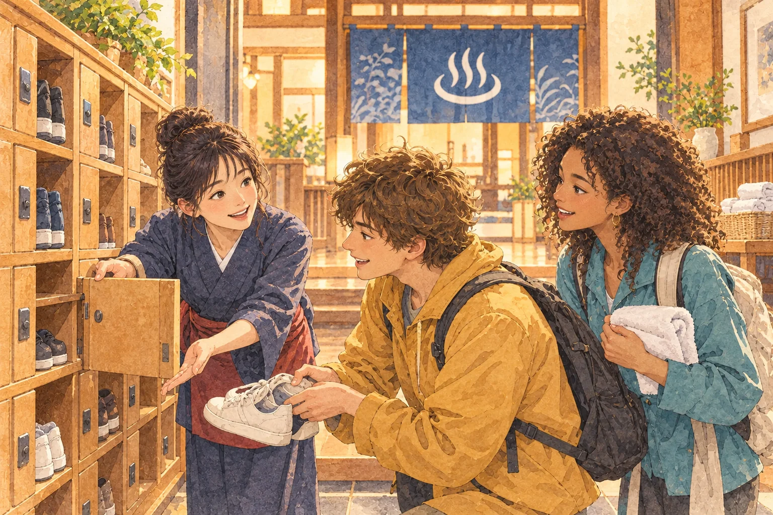 日本の入浴施設で、靴箱の使い方を友人に案内する人たちの水彩画