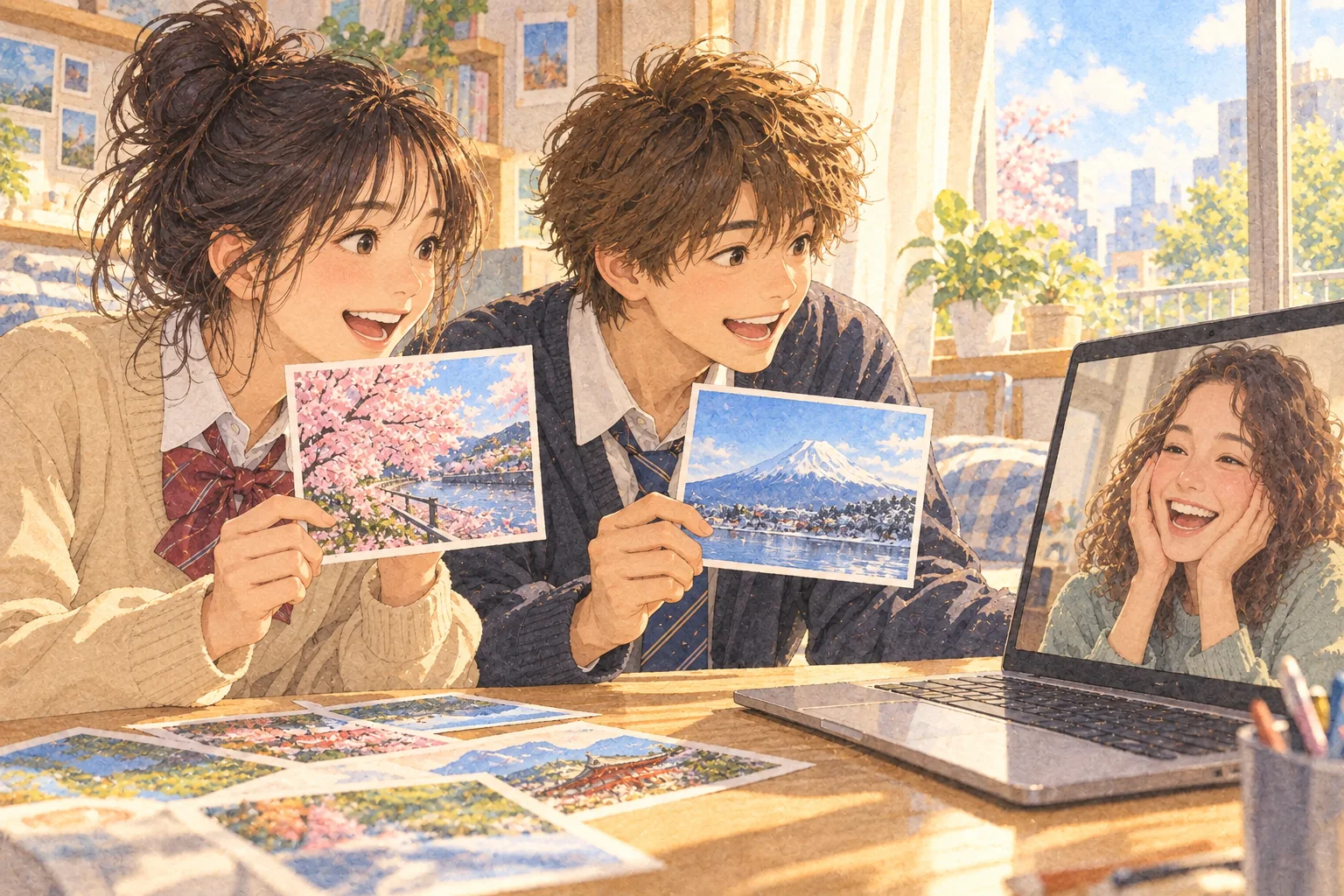 日本の高校生2人がビデオ通話で海外の友だちに桜と富士山の写真を見せる水彩調のイラスト