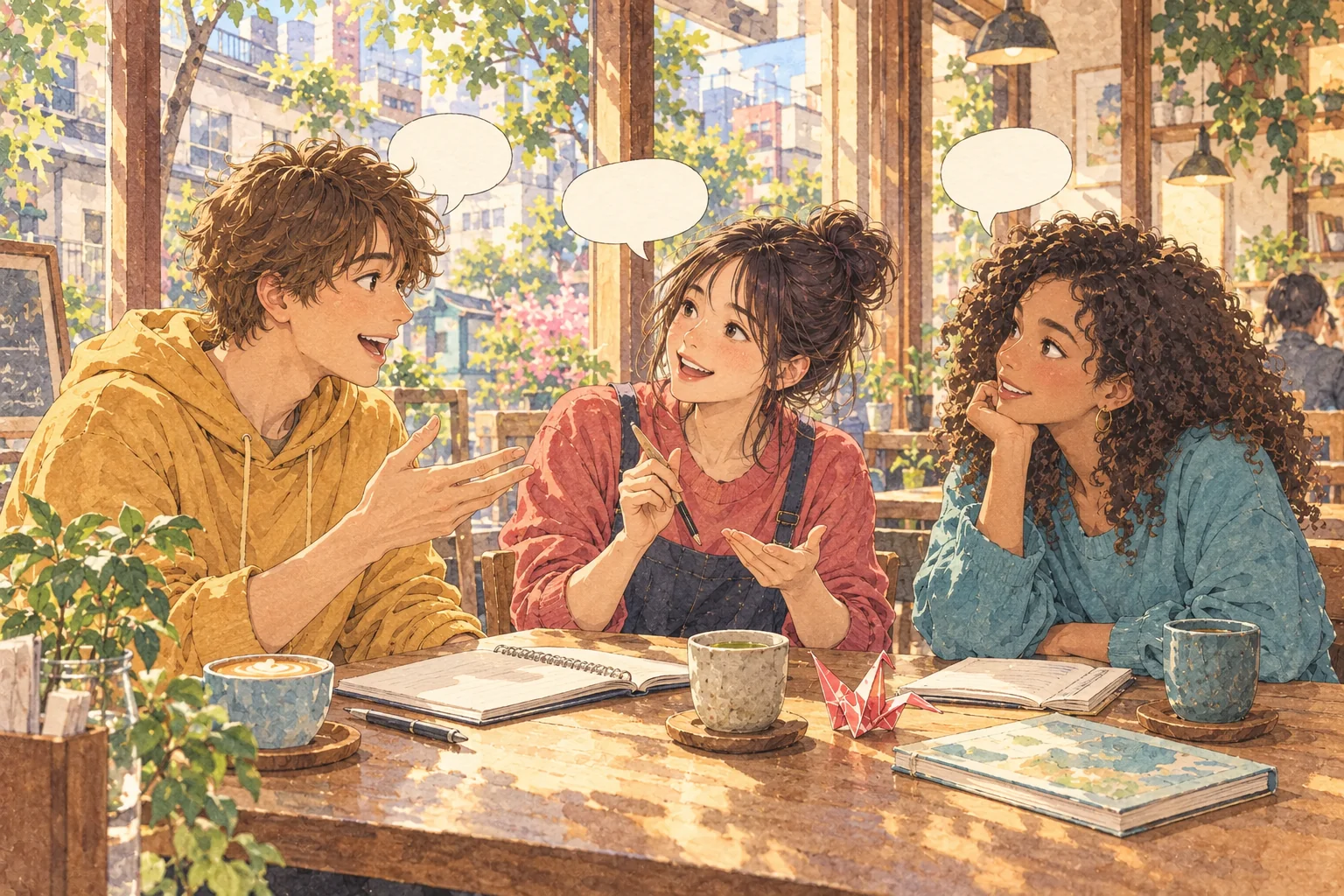 カフェで日本語の会話を教え合う3人の若者を描いた水彩調のイラスト