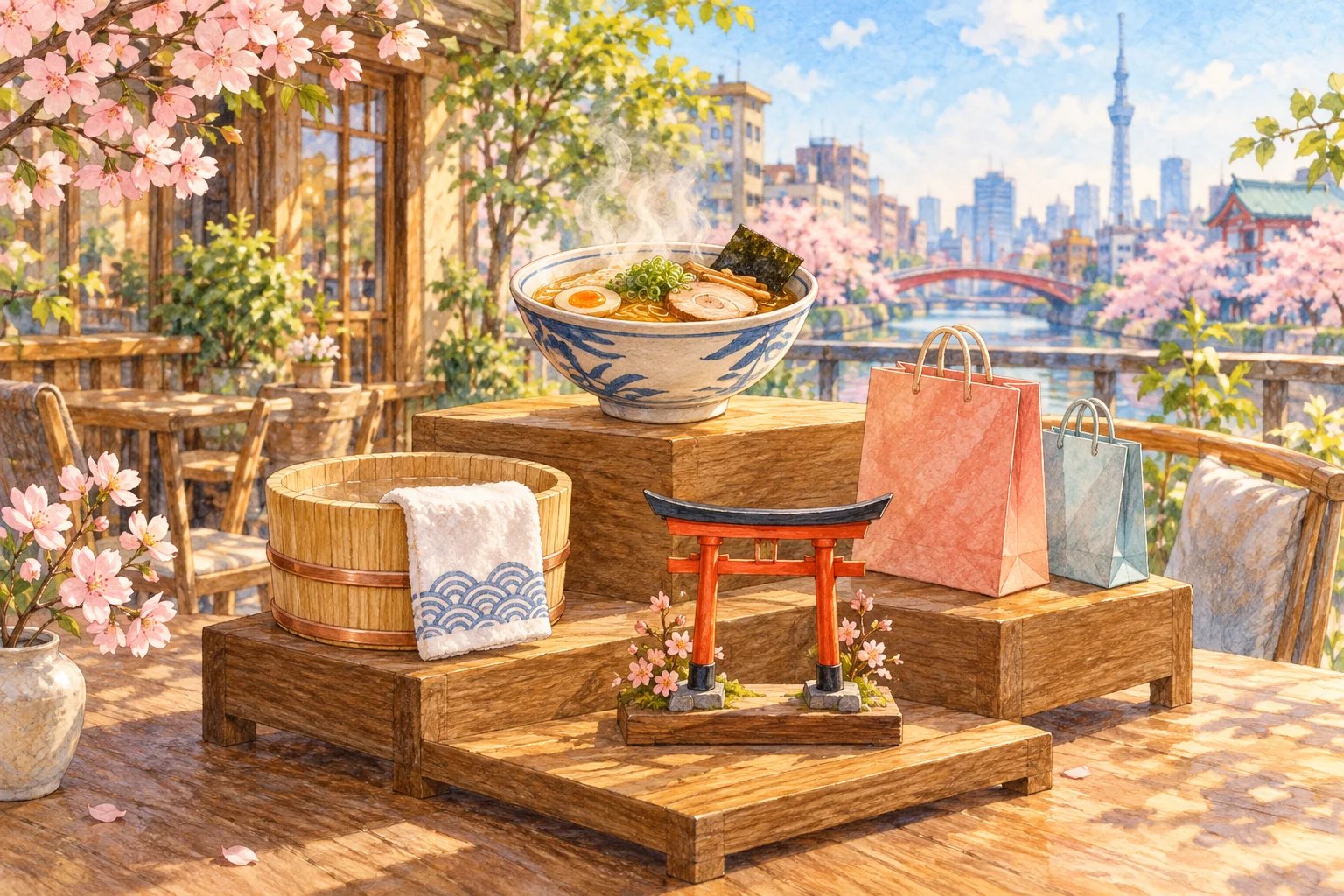 ラーメン、温泉のおけ、買い物袋、鳥居の模型が木製の段飾りに並ぶ水彩調のイラスト