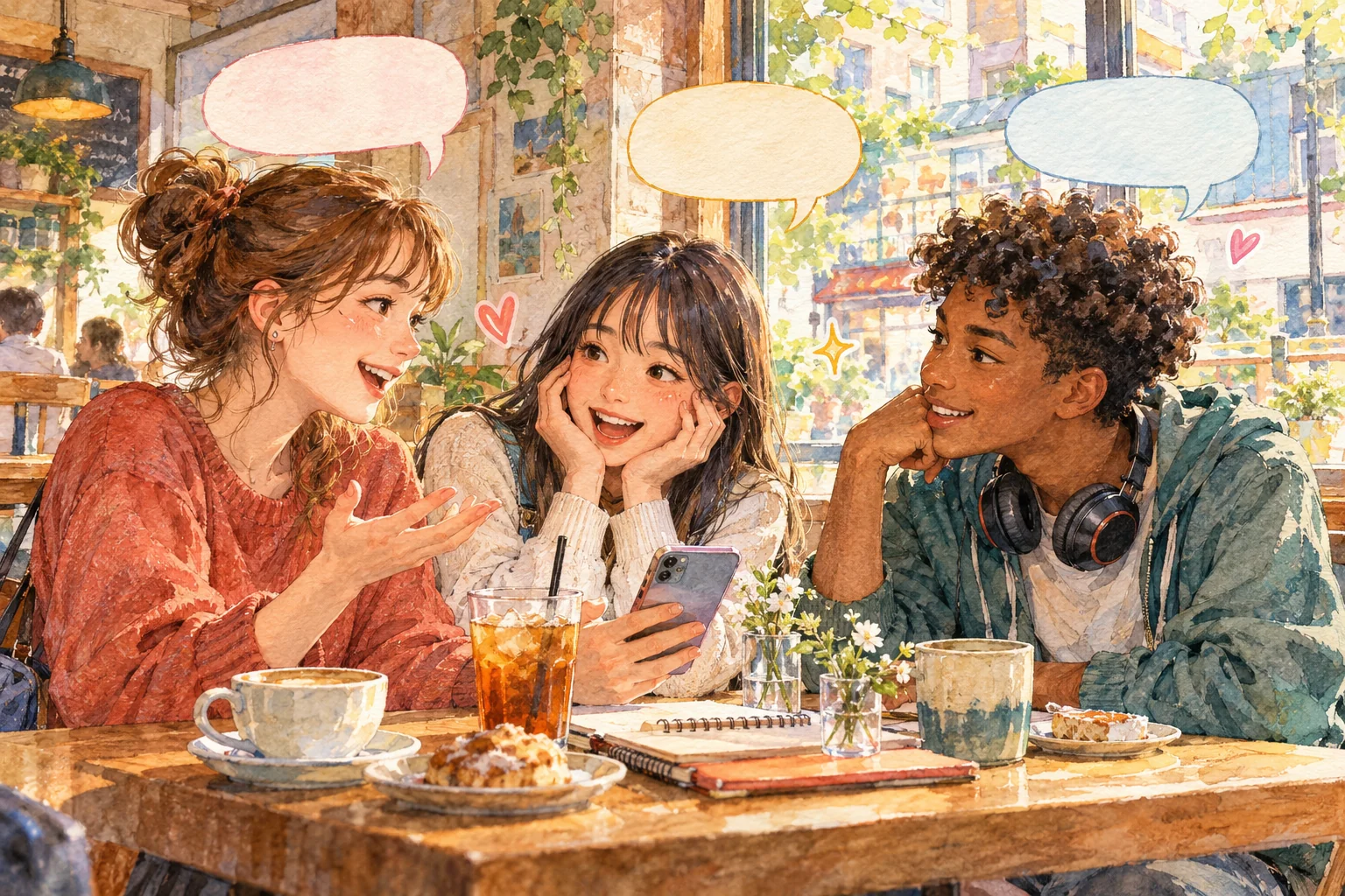 カフェでスマートフォンを囲み、会話を楽しむ3人の若者を描いた水彩調のイラスト