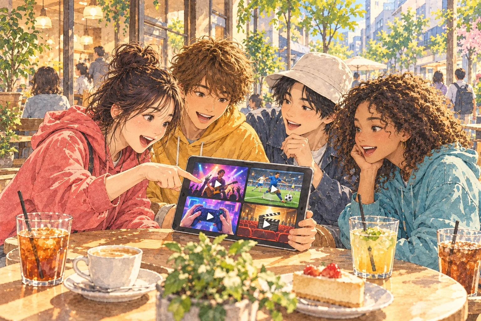 カフェで音楽やスポーツなどの人気動画をタブレットで見る友人たちの水彩画