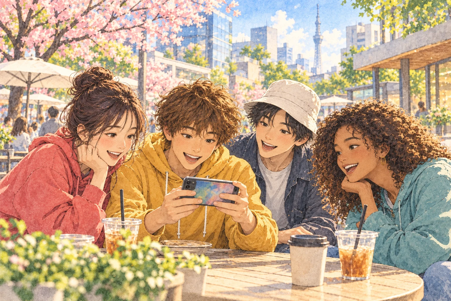 東京の屋外カフェで、スマートフォンの動画を一緒に楽しむ4人の友だちを描いた水彩調のイラスト