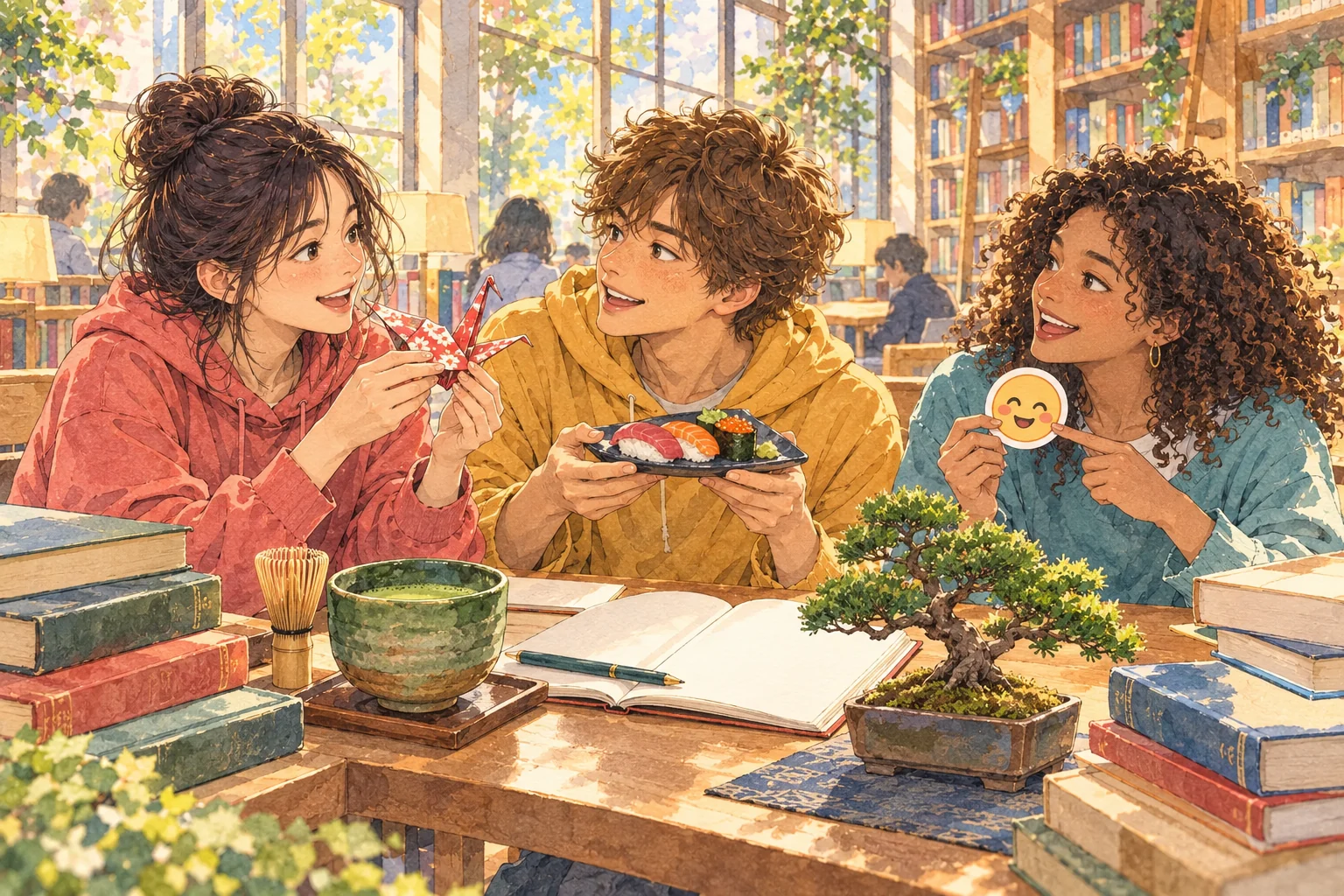寿司や折り鶴、抹茶など英語にもなった日本のものを囲んで語り合う若者たちの水彩画