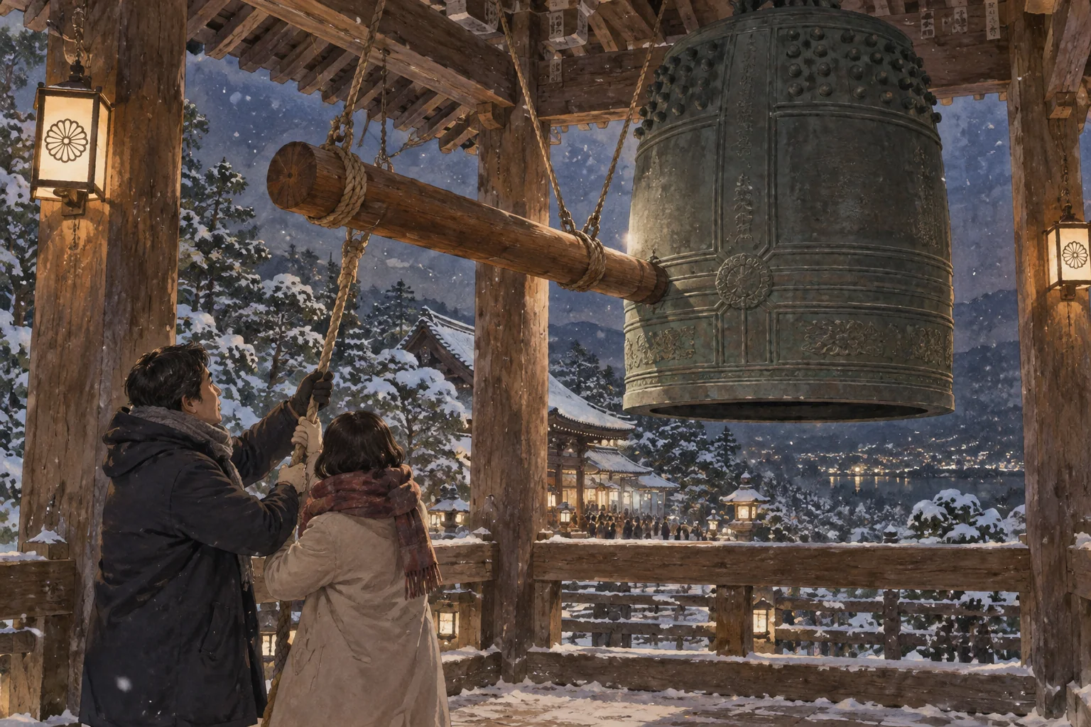 雪の残る寺の鐘楼で、冬服の参拝者が除夜の鐘をつく風景