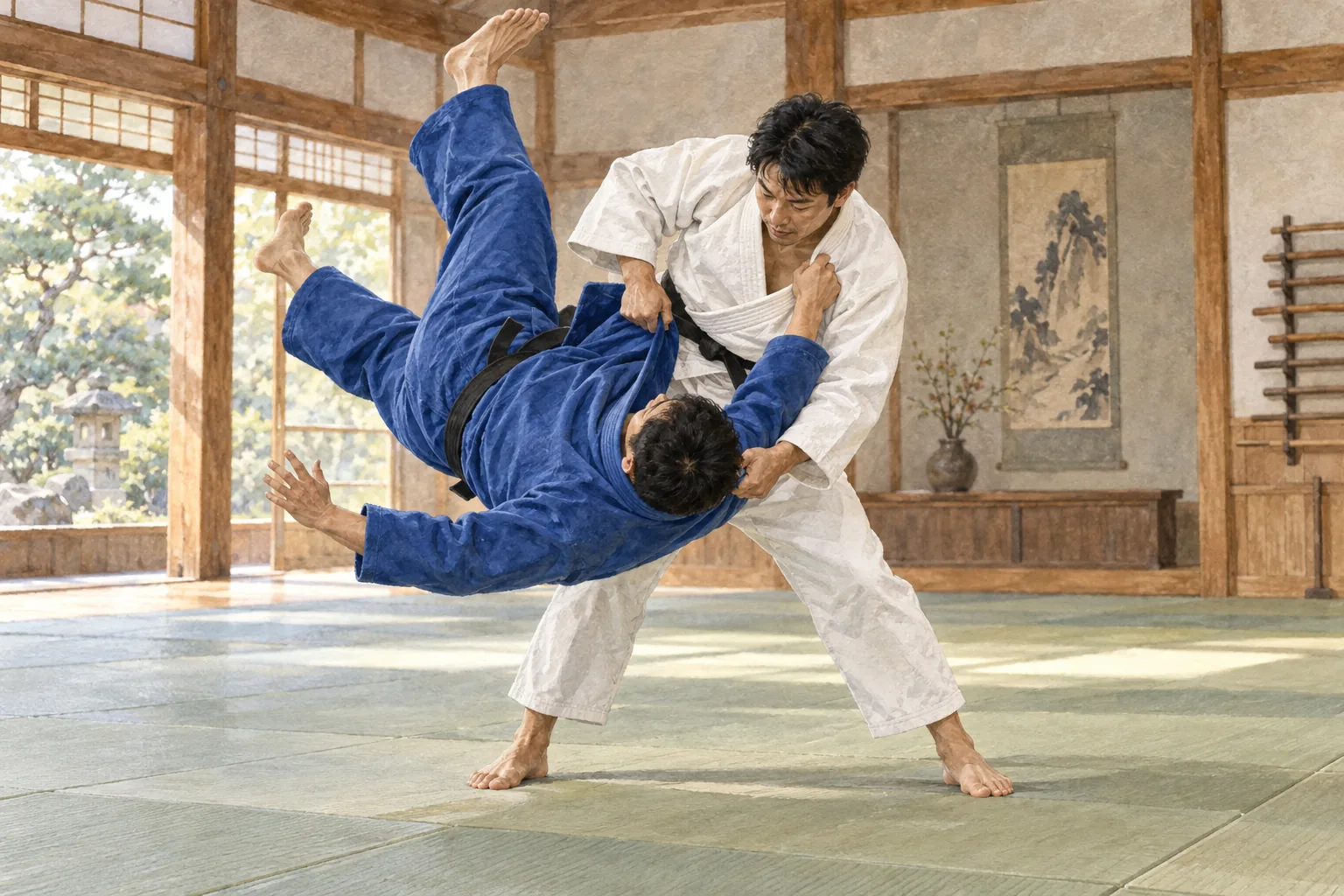 道場の畳で腰投げを稽古する柔道家