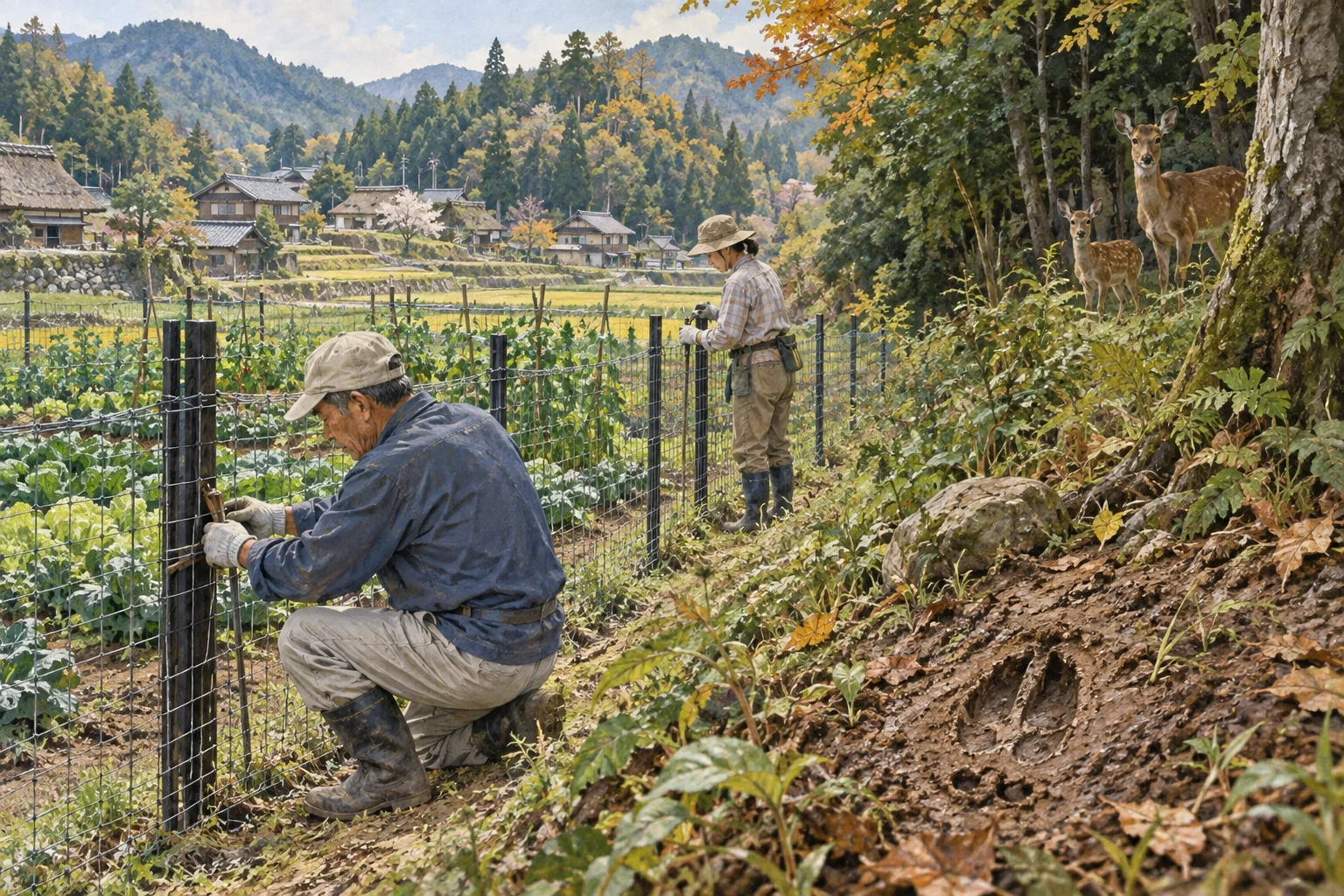 里山の畑で獣害を防ぐ柵を補修する農家