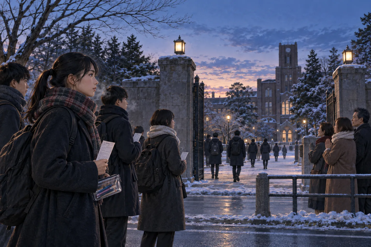 冬の早朝に大学入試会場の門前で開場を待つ受験生