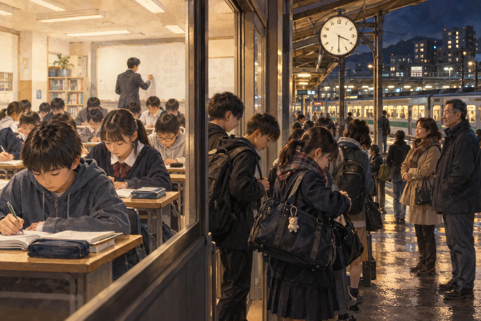 夜の学習塾で勉強する小中学生