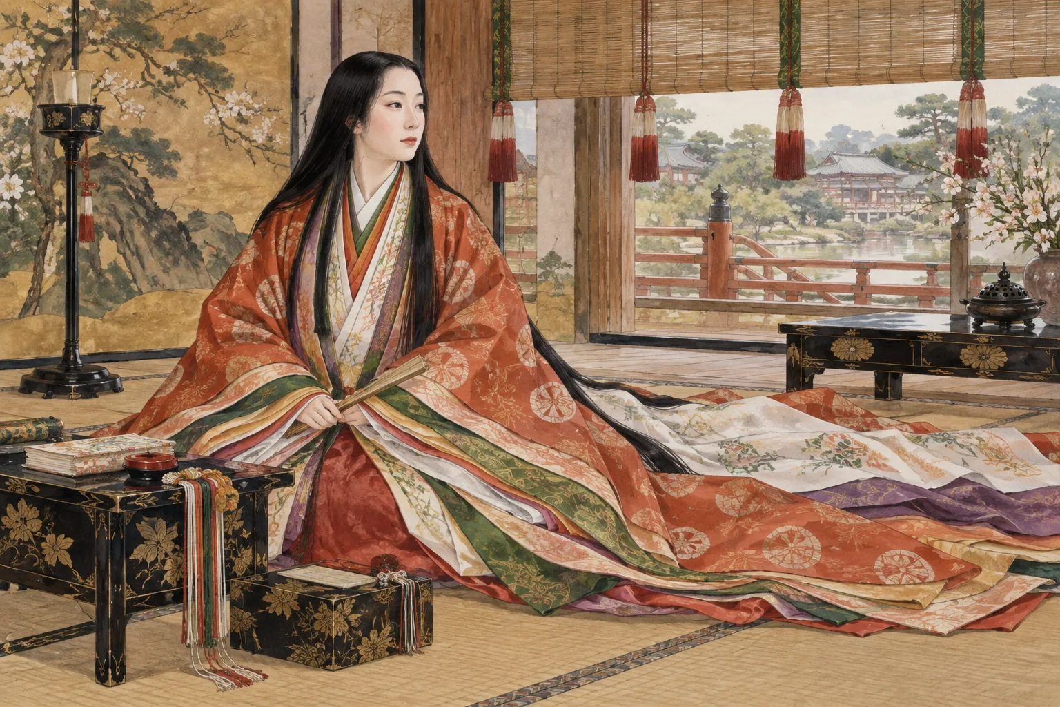 何層もの色鮮やかな十二単をまとった平安装束の女性