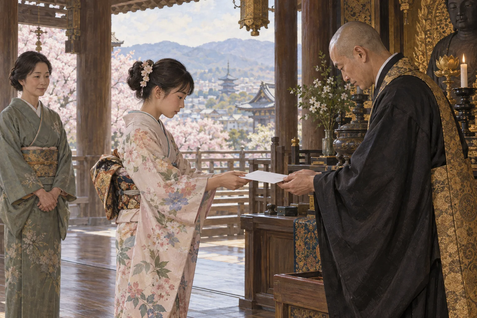 春の寺で書を納め、知恵を願う十三参りの親子