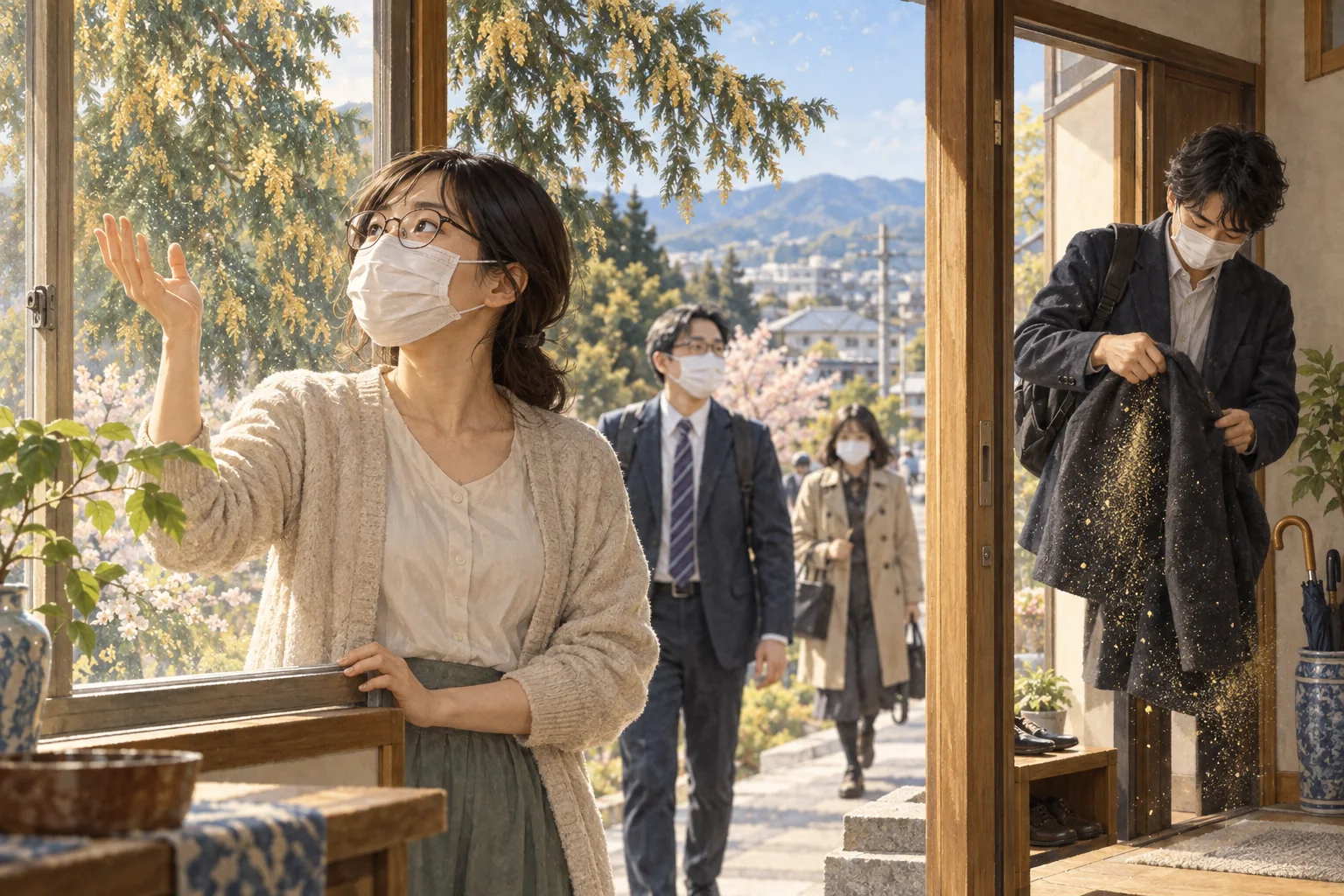 春の花粉症対策をしながら外出する人々