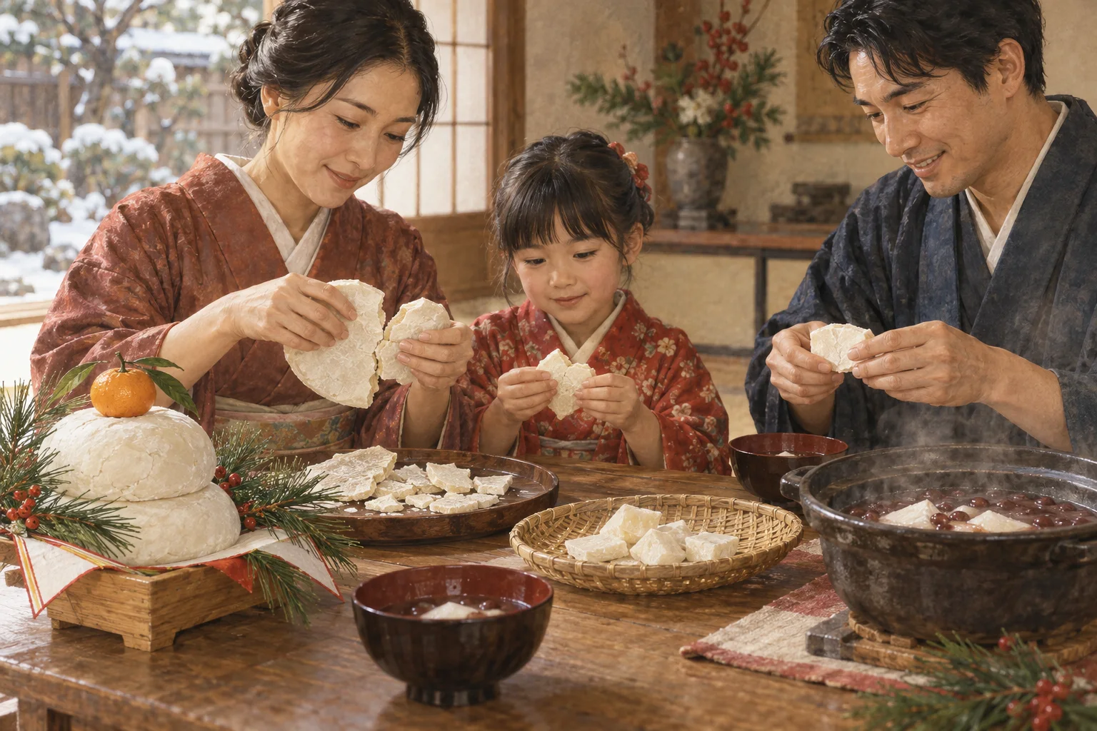 鏡餅を開いて汁粉を作る正月の家族