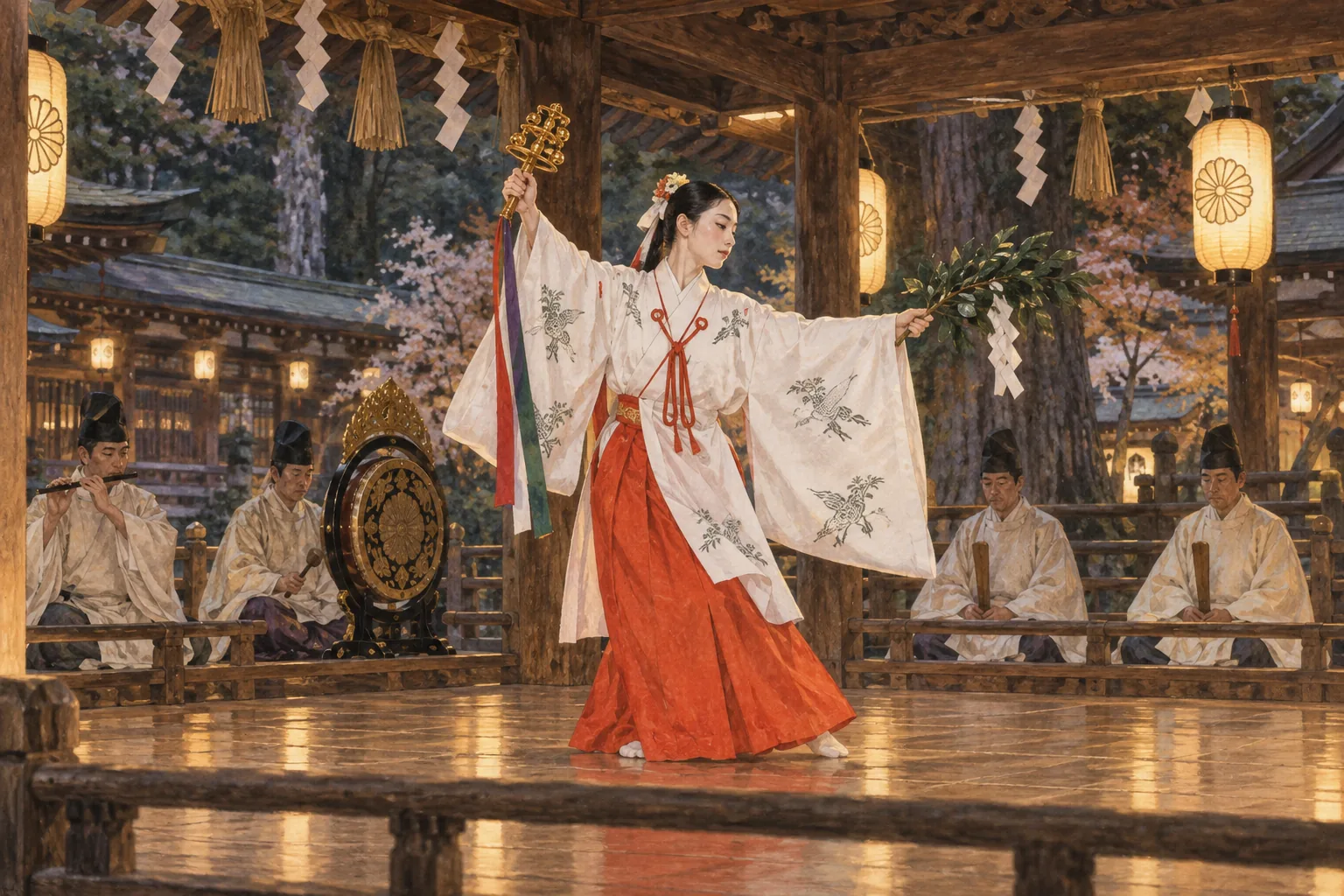 神社の舞台で鈴と榊を手に神楽を舞う巫女