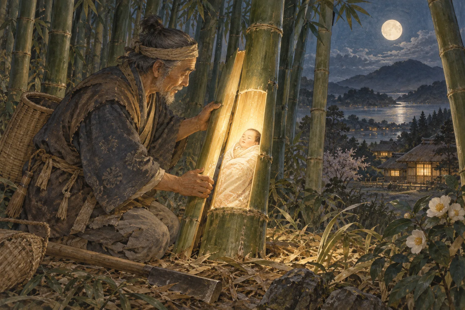 月夜の竹林で光る竹から現れたかぐや姫