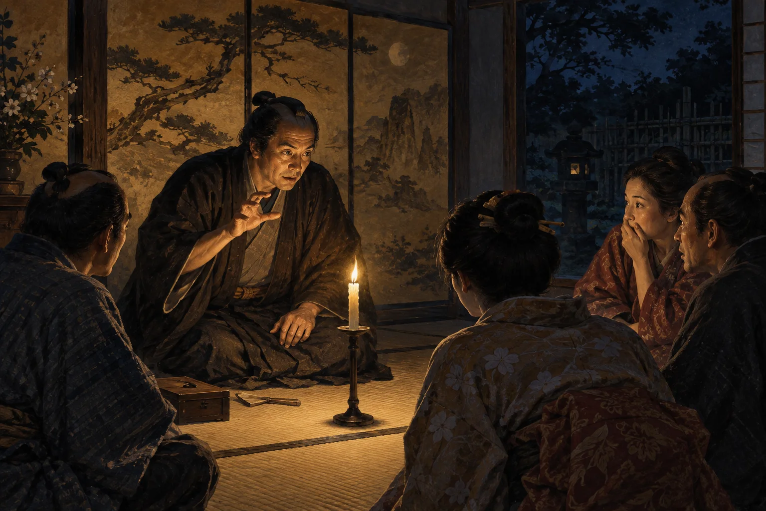 灯りを一つ残して怪談に聞き入る江戸時代の人々