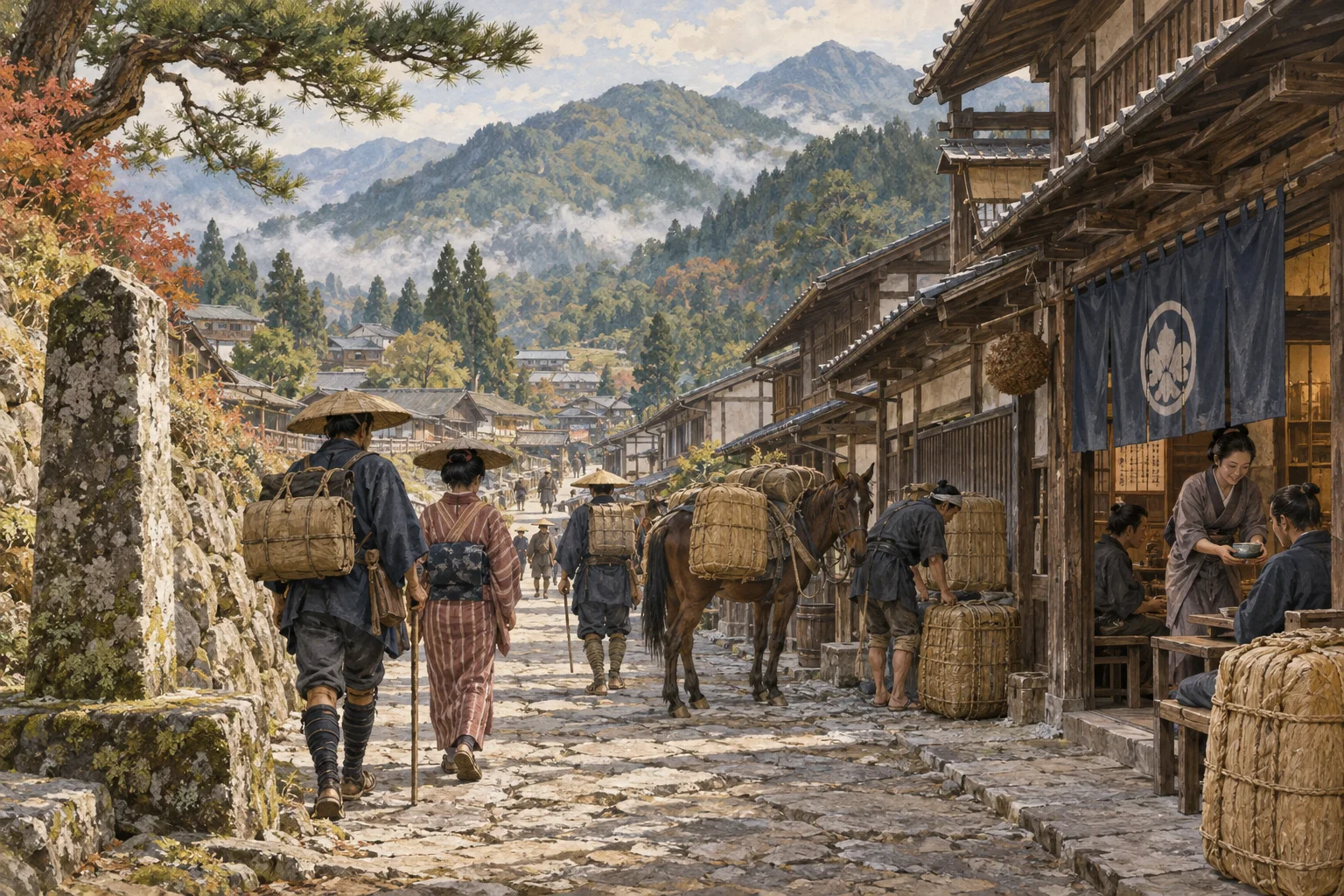 山あいの街道から宿場町へ入る江戸時代の旅人