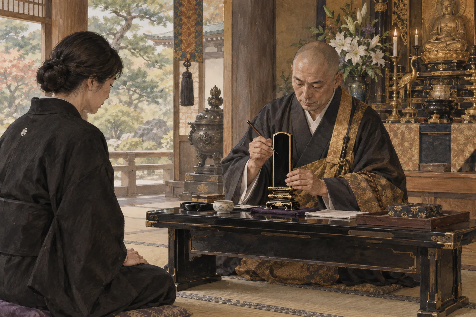 寺で黒い位牌に戒名を整える僧侶