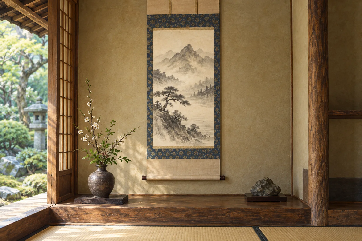 山水画を描いた掛け軸を静かな床の間に飾った風景