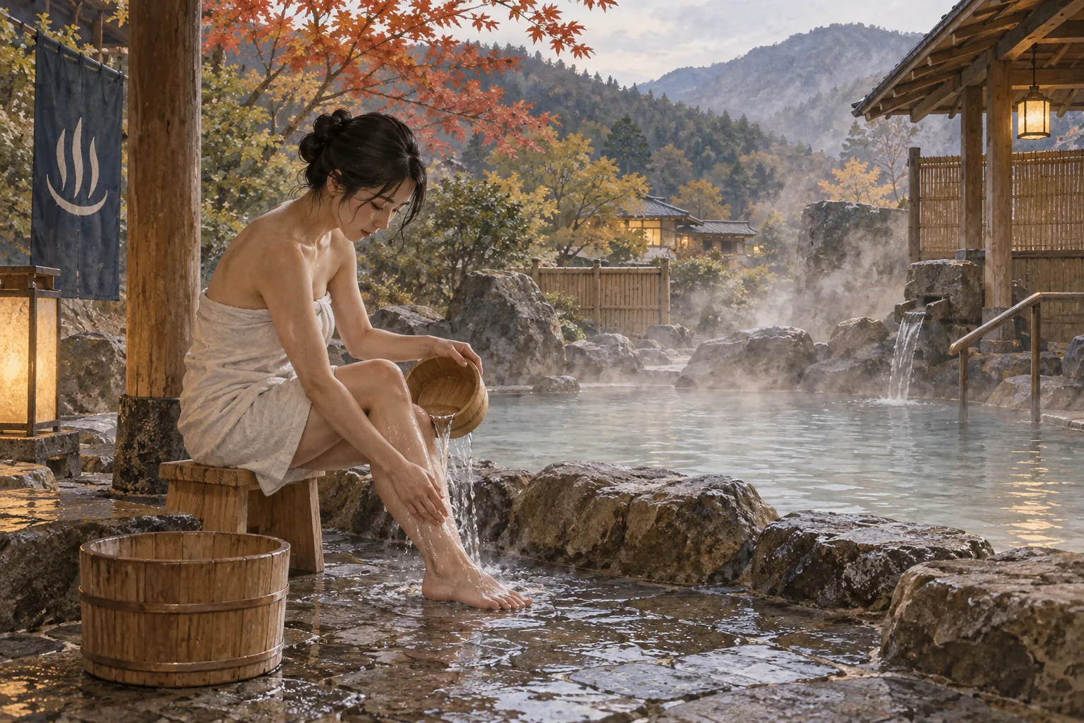 温泉に入る前に桶で足元からかけ湯をする人