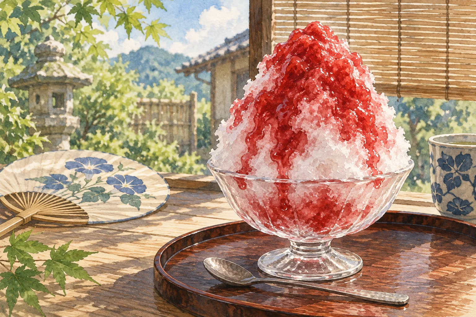 ガラスの器に盛った、いちごシロップのかき氷