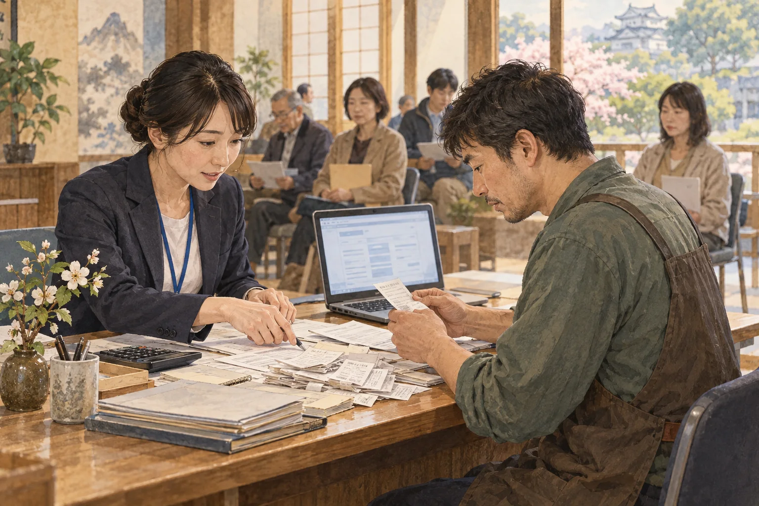 確定申告会場で領収書と書類を整理する納税者